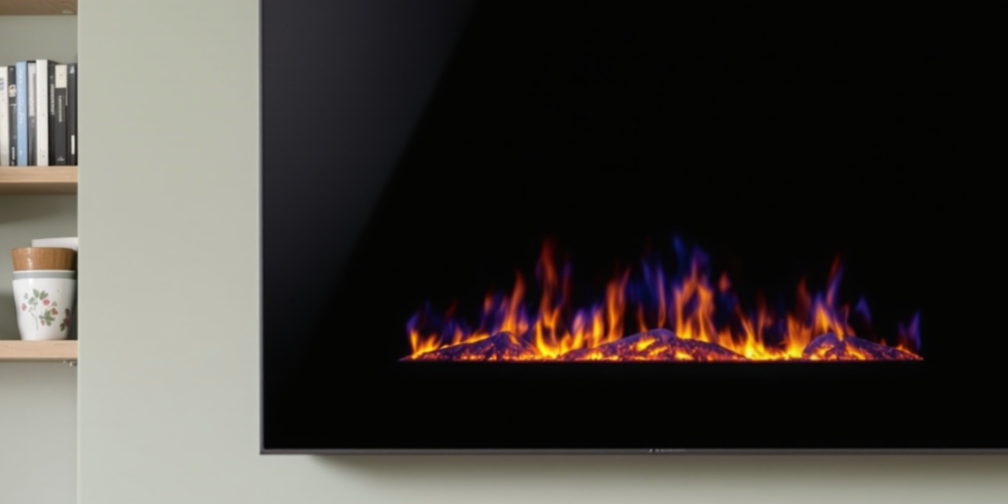 Electric fireplace on sage green kitchen wall.