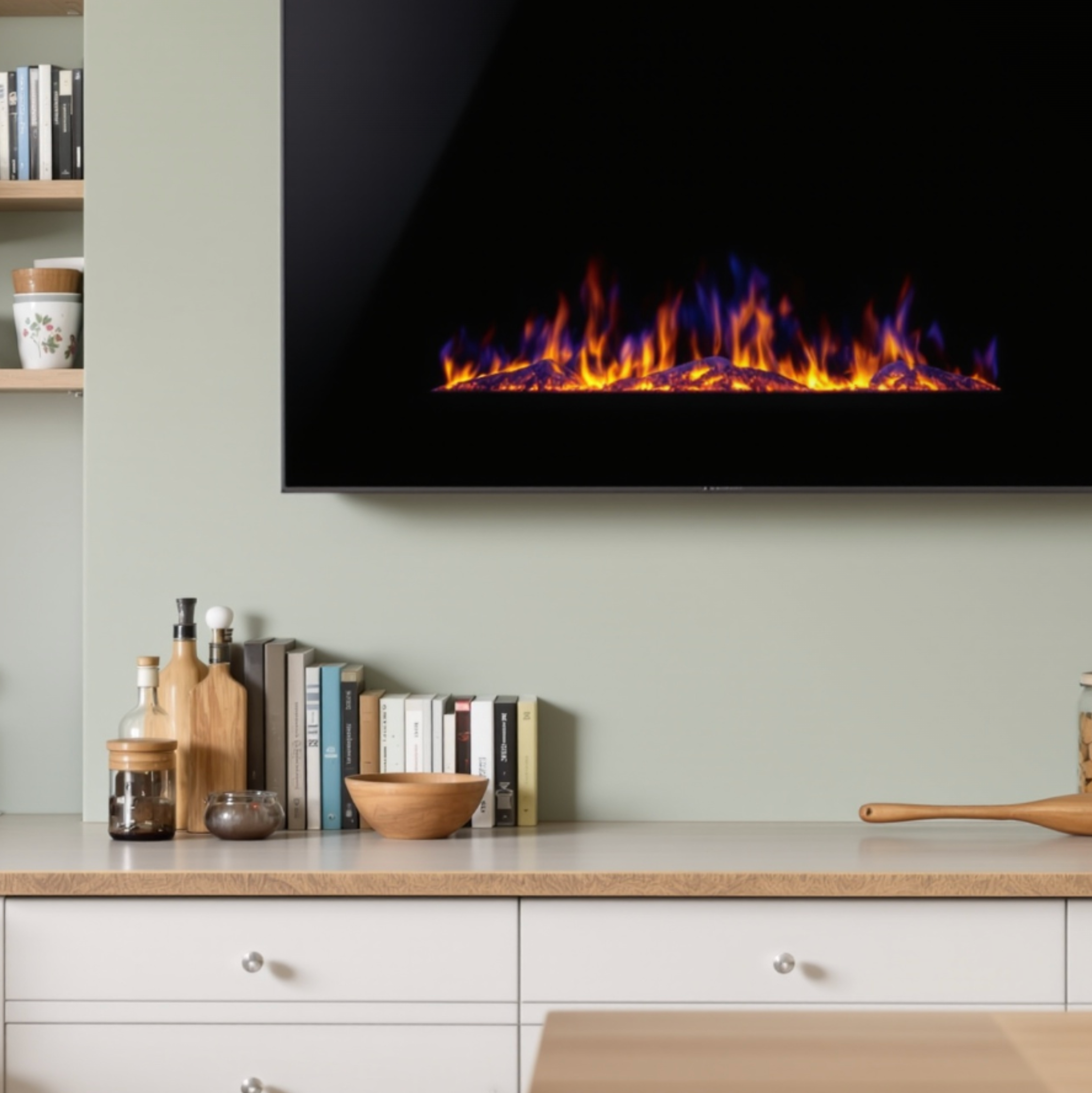 Electric fireplace on sage green kitchen wall.