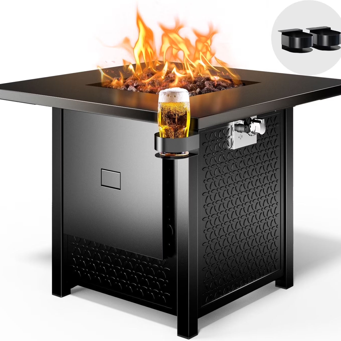 32" Gas Fire Pits with Cup Holders for Outside, 50,000 BTU Propane Fire Pit Table with Lid and Lava Rock, Black