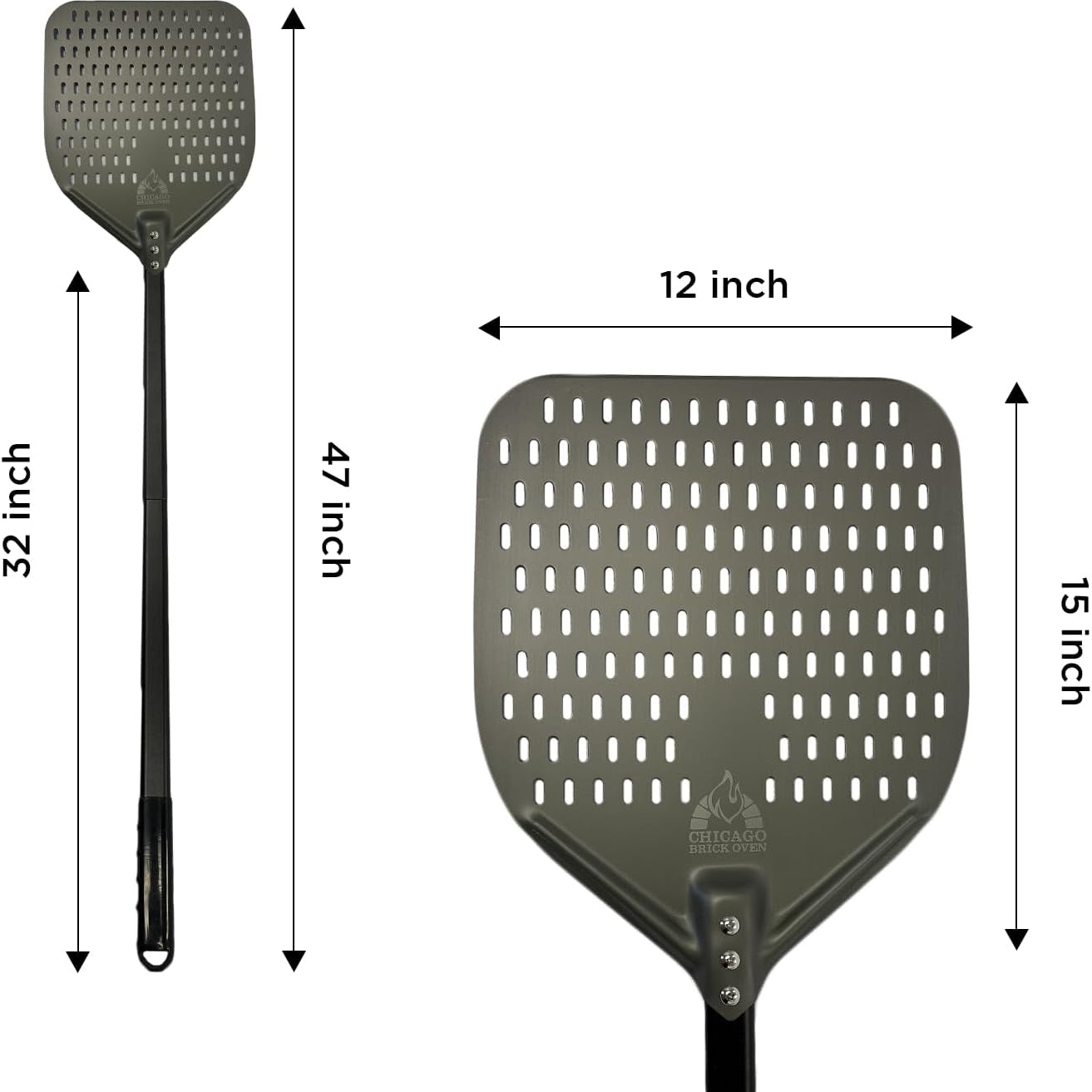Perforated Pizza Peel - 12"x15" Anodized Aluminum Pizza Steel, 32" Handle, 47" Overall Length