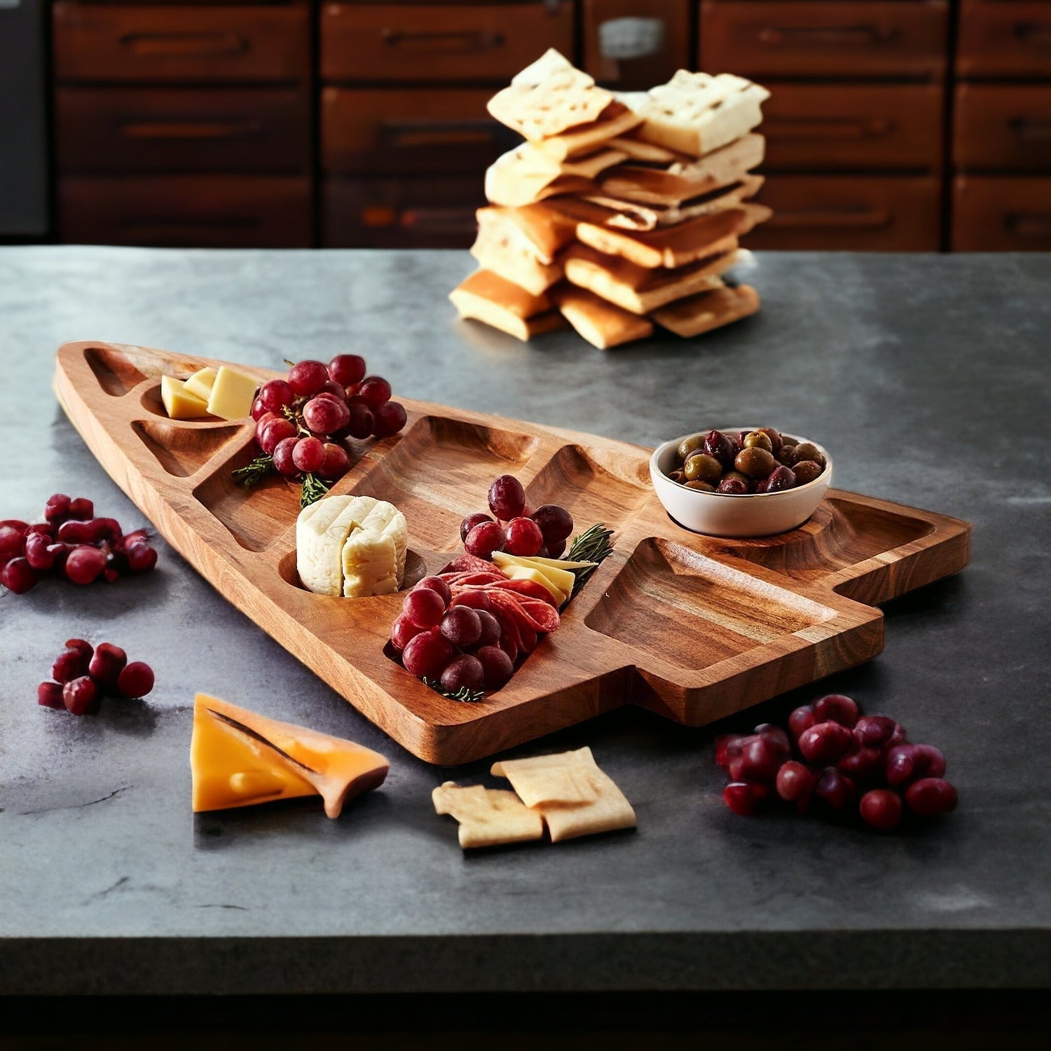 Oversized Acacia Wood Christmas Tree Charcuterie Board With Sectioned Serving