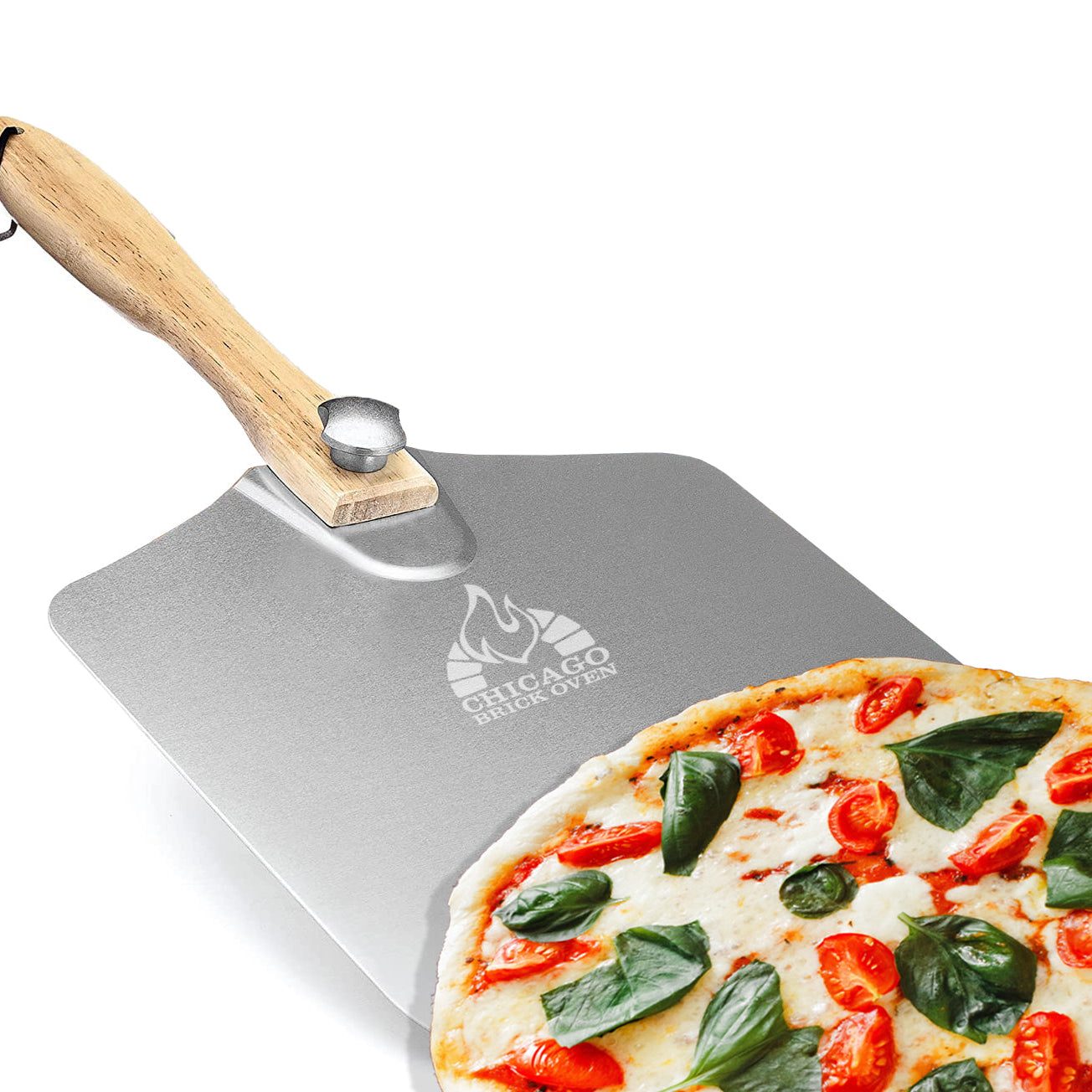 Chicago Brick Oven Aluminum Pizza Peel 12" x 14" with Foldable Wooden Handle - 25" Long
