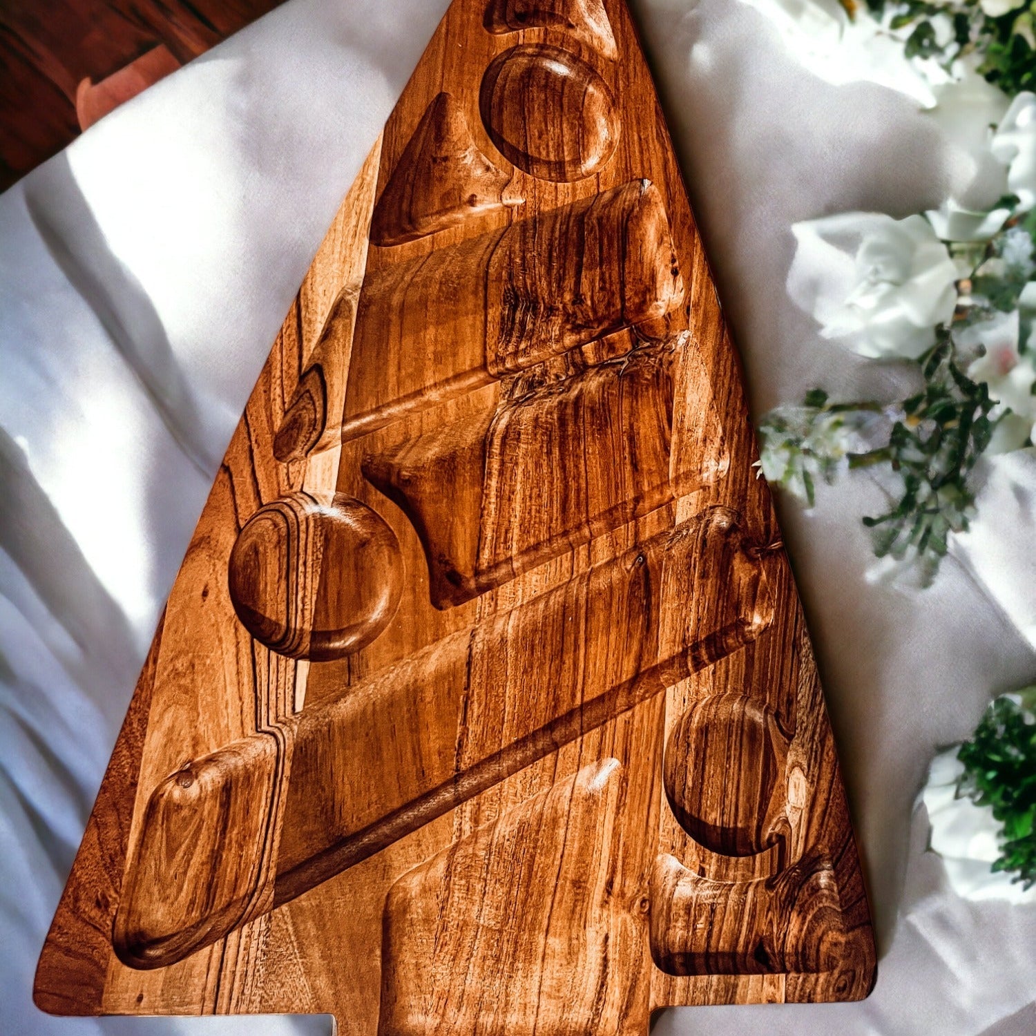 Oversized Acacia Wood Christmas Tree Charcuterie Board With Sectioned Serving