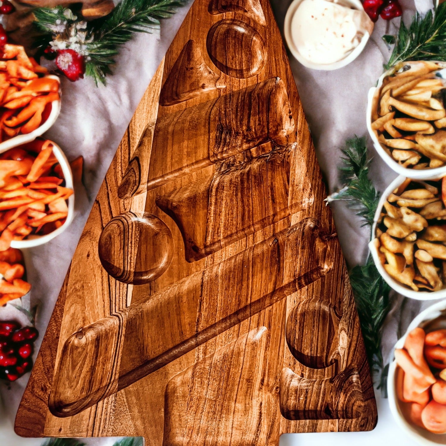 Oversized Acacia Wood Christmas Tree Charcuterie Board With Sectioned Serving