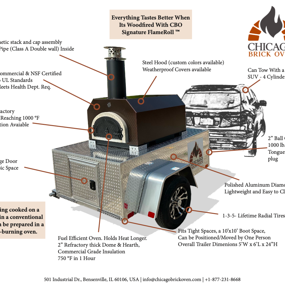 CBO 750 Tailgater | Wood Fired Pizza Oven Trailer | 38" X 28" cooking surface | 2-3 - 10" pizzas at a time | 50-60 pizzas an hour
