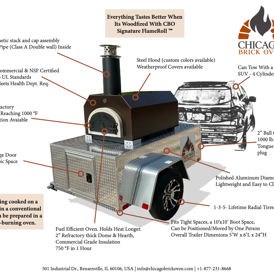 CBO 750 Tailgater | Wood Fired Pizza Oven Trailer | 38" X 28" cooking surface | 2-3 - 10" pizzas at a time | 50-60 pizzas an hour