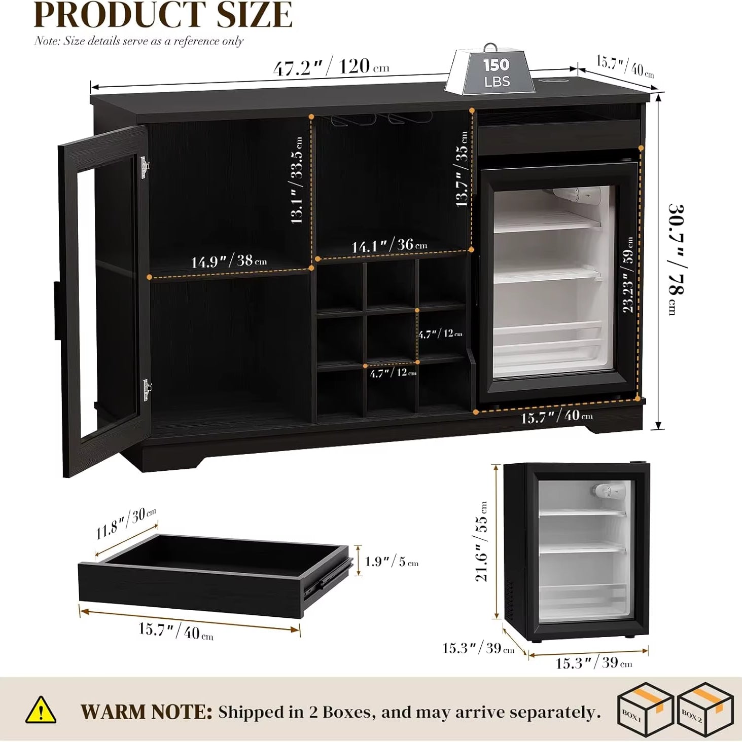 Wine Bar Cabinet with Fridge, LED Lights, Human Body Sensor, Black