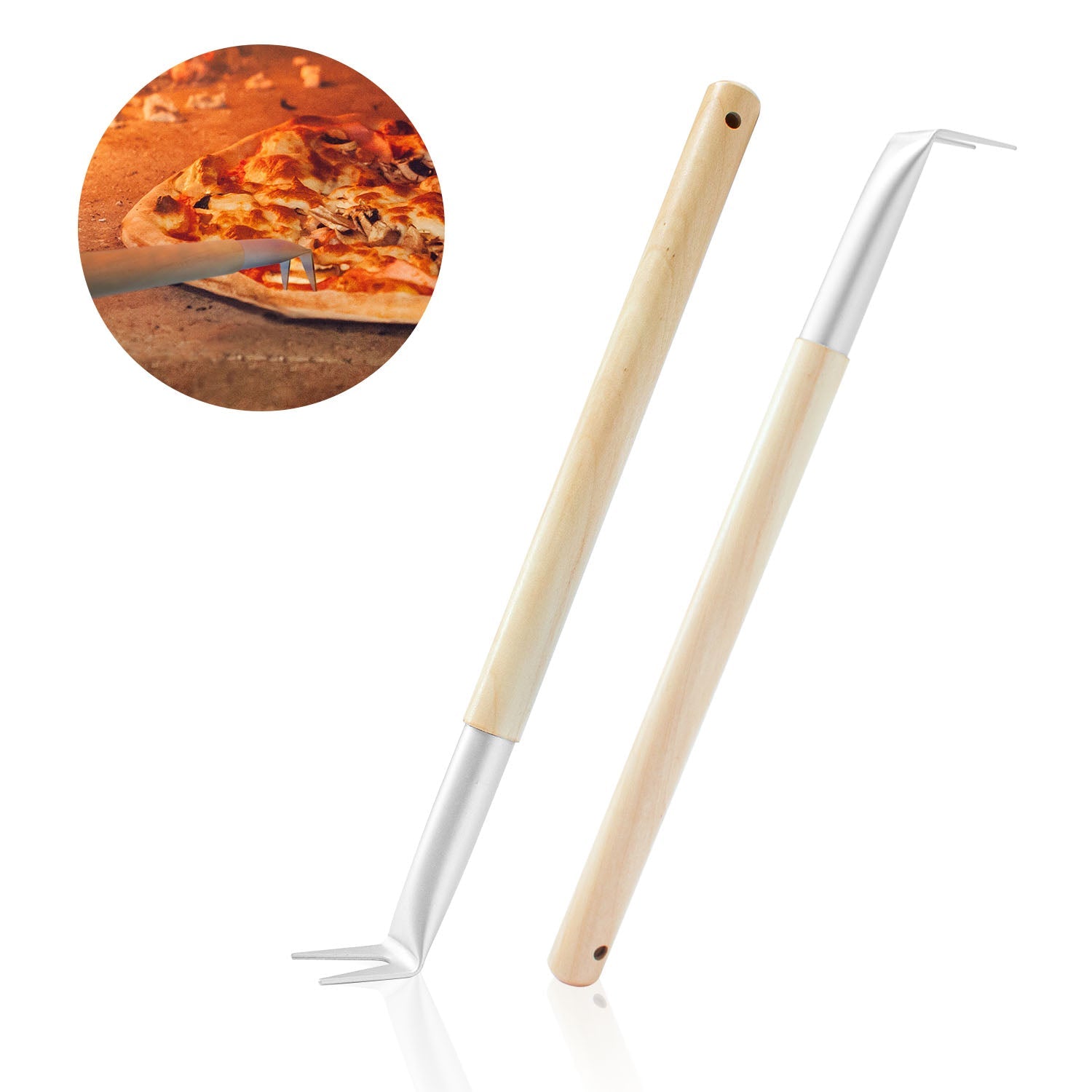 Aluminum 17.5 inch Pizza Spinner Turning Fork with Wooden Handle (2-Pack), Pizza Turner, Pizza Bubble Popper - Outdoor Pizza Oven Accessories