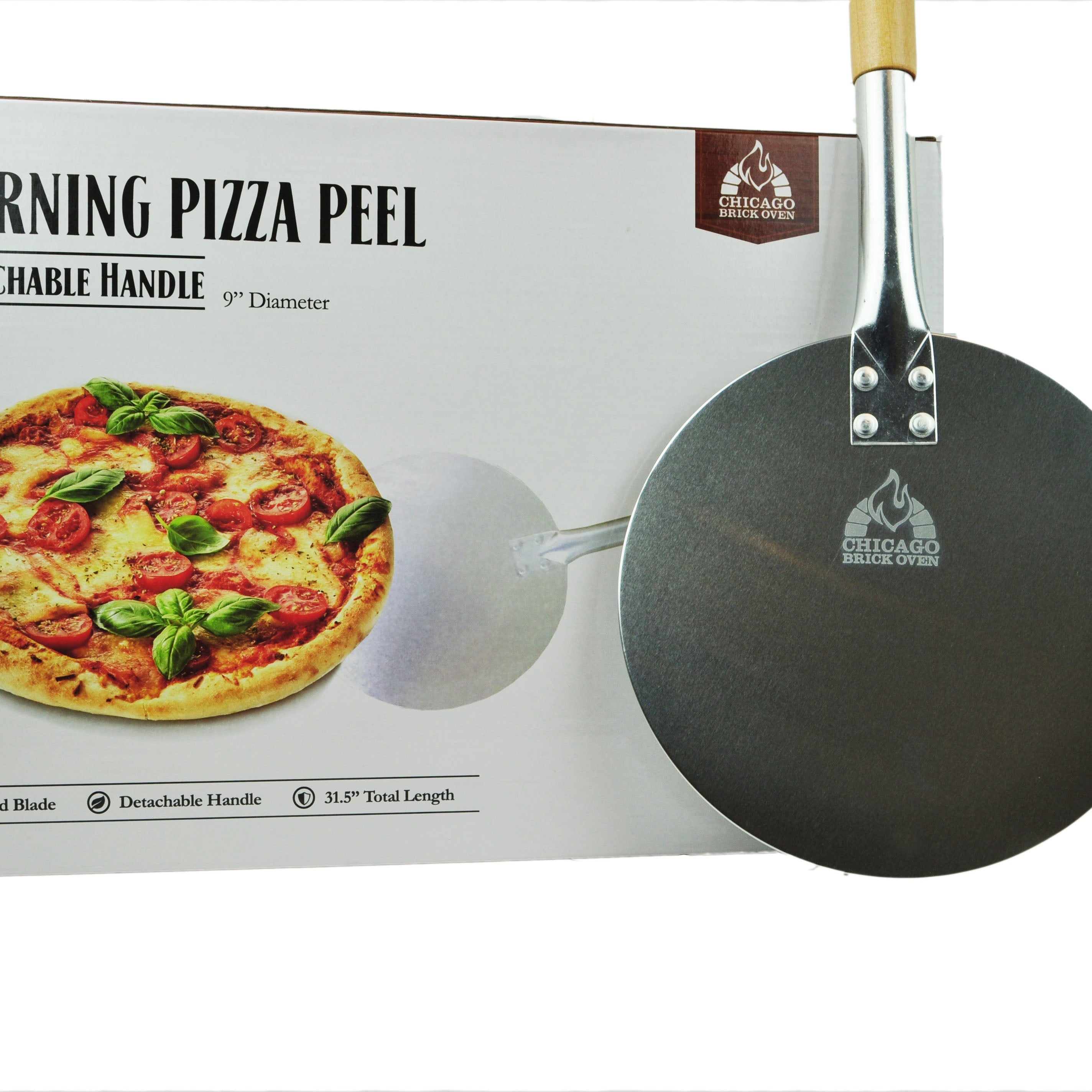 Chicago Brick Oven Aluminum Pizza Peel - Turning Pizza Paddle with Leather Strap and Detachable Wood Handle - Bakeware & Pizza Oven Accessories - 9 in
