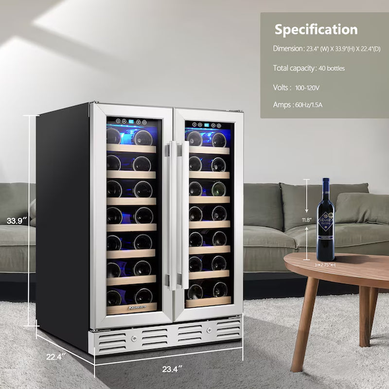 23.4-In W 40 -Bottles Black with Stainless Steel Glass Door Dual Zone Cooling Built-In/Freestanding Indoor Wine Cooler