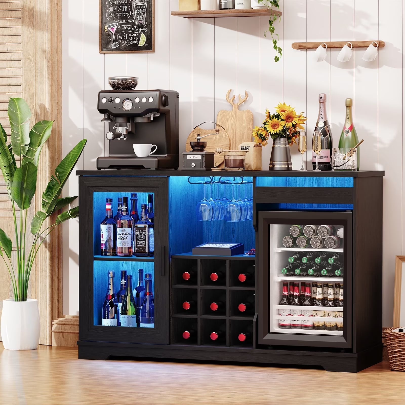 Wine Bar Cabinet with LED Lights &amp; Fridge(Lncluded), Mini Fridge Cabinet with Wine Storage, Human Body Sensor, Sideboard Buffet for Kitchen Dining Room, Black