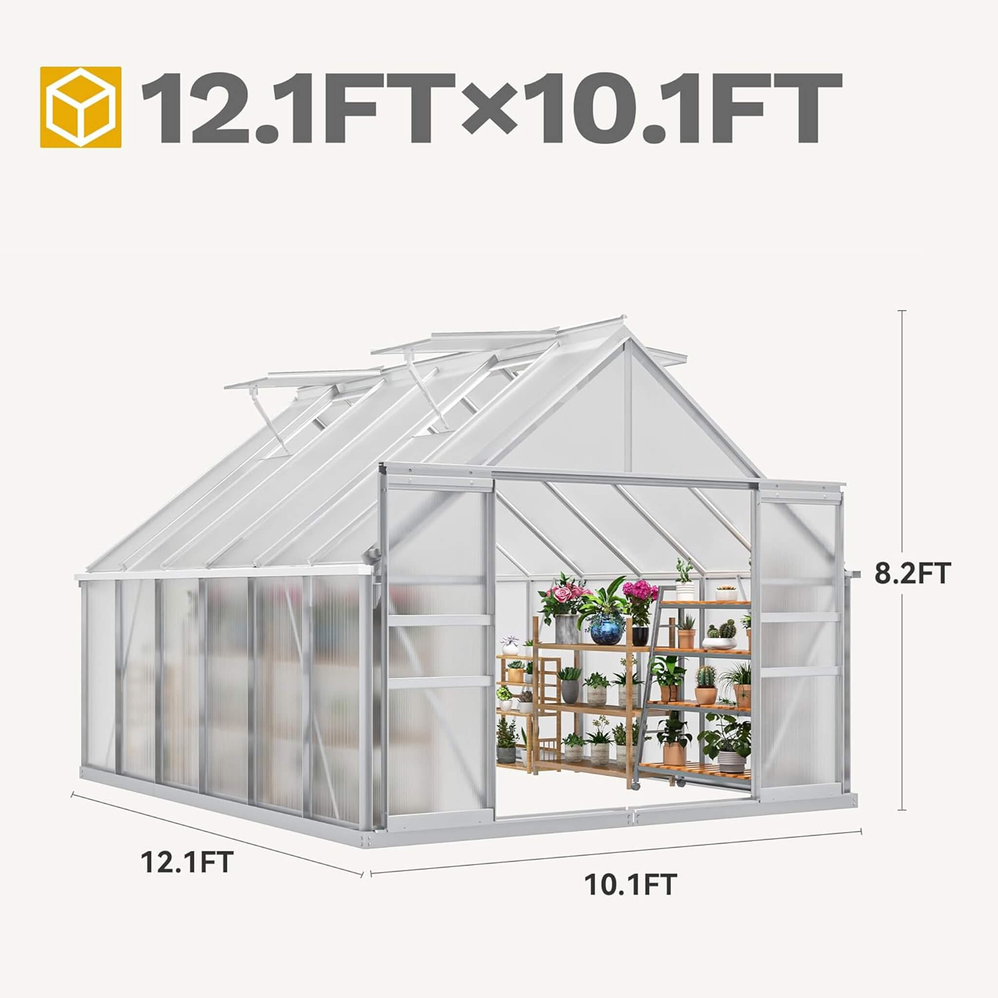 10FT X 12FT Large Polycarbonate Walk-In Garden Greenhouse With Vent Window, 4MM