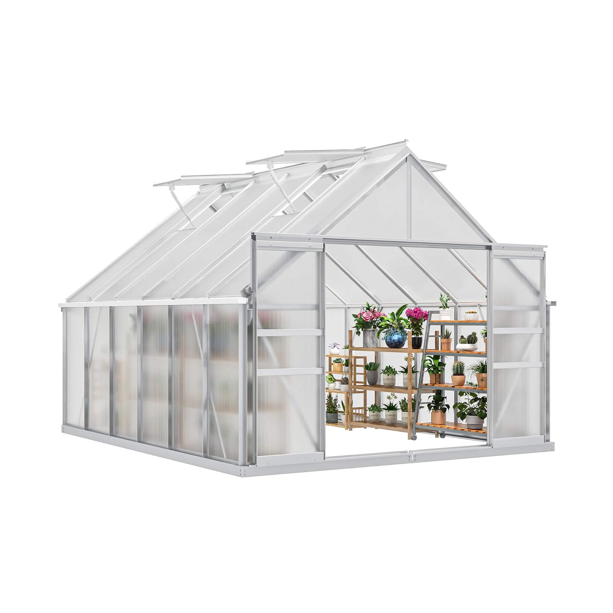 10FT X 12FT Large Polycarbonate Walk-In Garden Greenhouse With Vent Window, 4MM