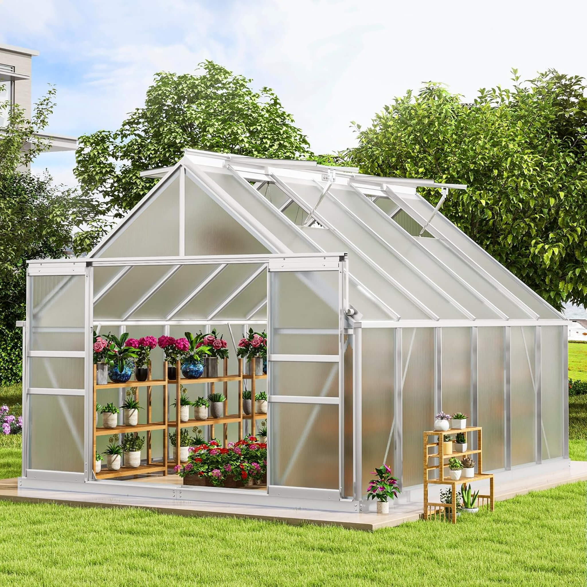 10FT X 12FT Large Polycarbonate Walk-In Garden Greenhouse With Vent Window, 4MM