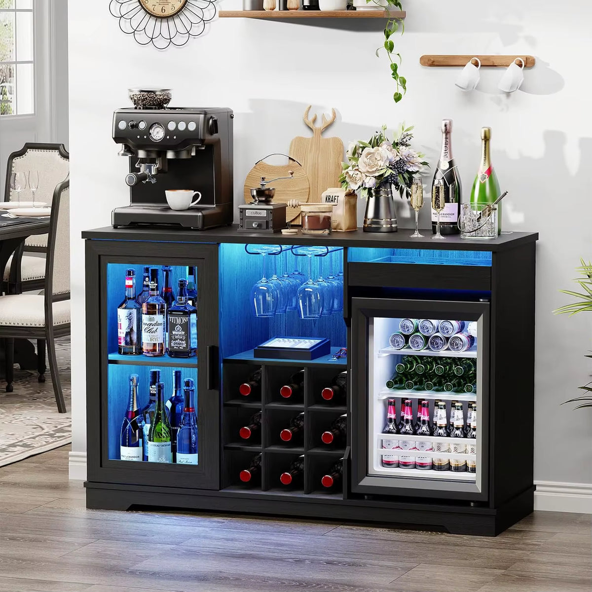 Wine Bar Cabinet with Fridge, LED Lights, Human Body Sensor, Black thumbnail