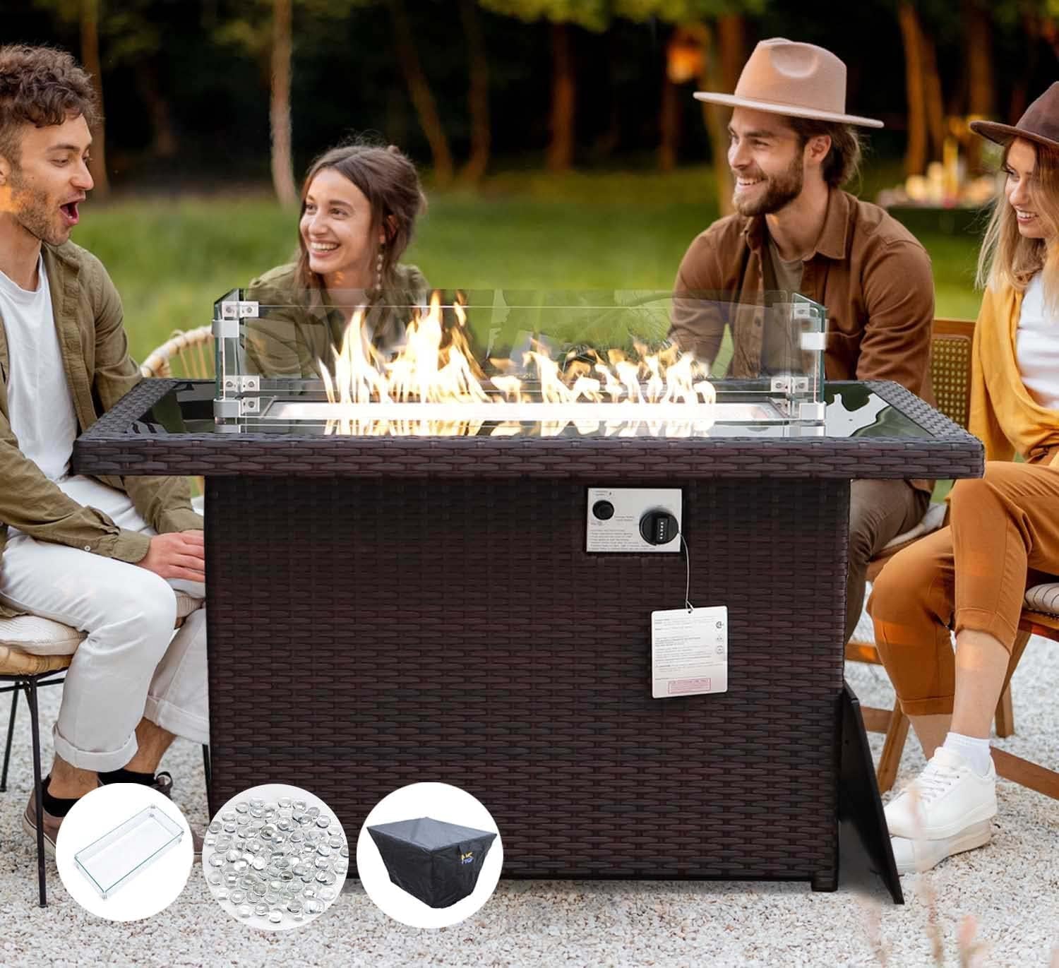 Wicker Outdoor Fire Pit Table Natural Gas/Propane, 43'' Rectangular Firepit Table for Outside, 60000 BTU Patio Fireplace Tables with Windguard&Glass Rocks&Cover, Modern CSA Firepits, Brown