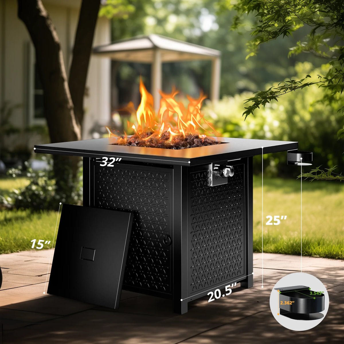 32" Gas Fire Pits with Cup Holders for Outside, 50,000 BTU Propane Fire Pit Table with Lid and Lava Rock, Black thumbnail