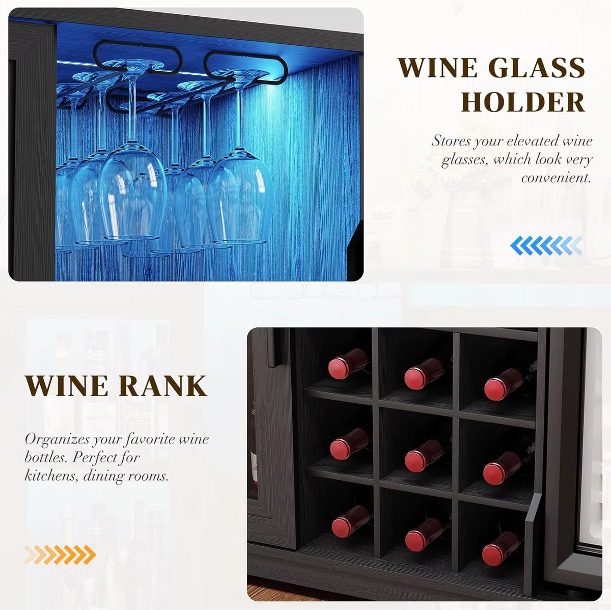 Wine Bar Cabinet with Fridge, LED Lights, Human Body Sensor, Black thumbnail