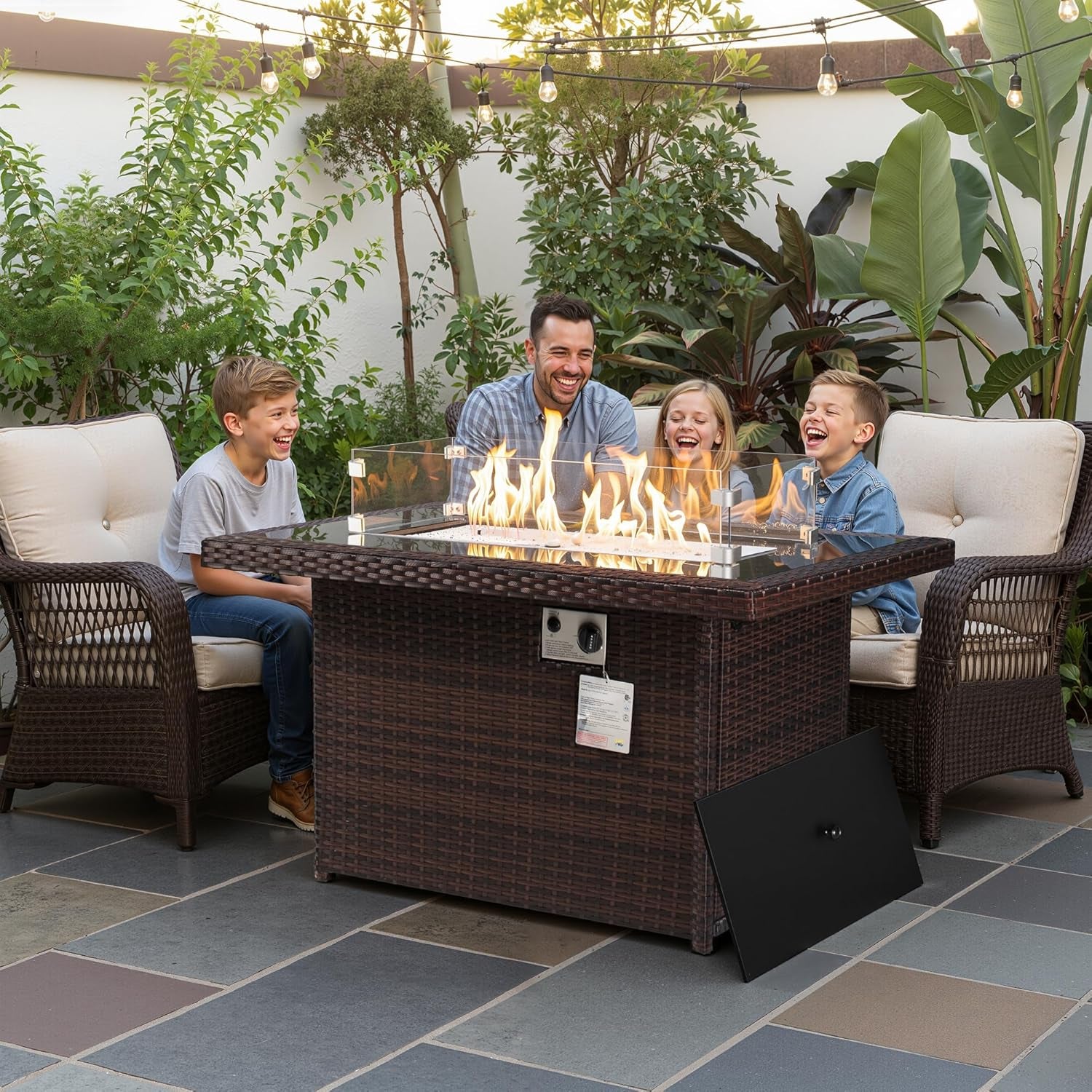 Wicker Outdoor Fire Pit Table Natural Gas/Propane, 43'' Rectangular Firepit Table for Outside, 60000 BTU Patio Fireplace Tables with Windguard&Glass Rocks&Cover, Modern CSA Firepits, Brown