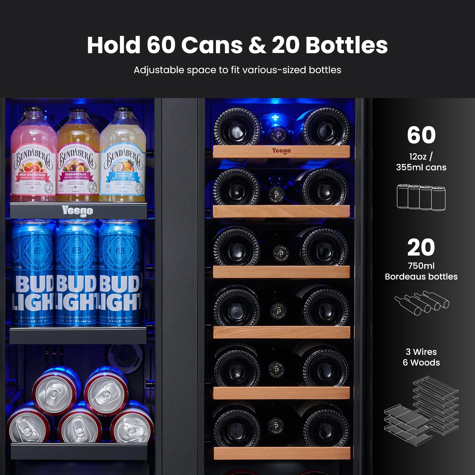 24 Inch Wine and Beverage Cooler Fridge, 20 Bottles and 60 Cans Dual Zone Refrigerator with French Door for Home/Office, 36℉~72℉, Built-In/ Freestanding