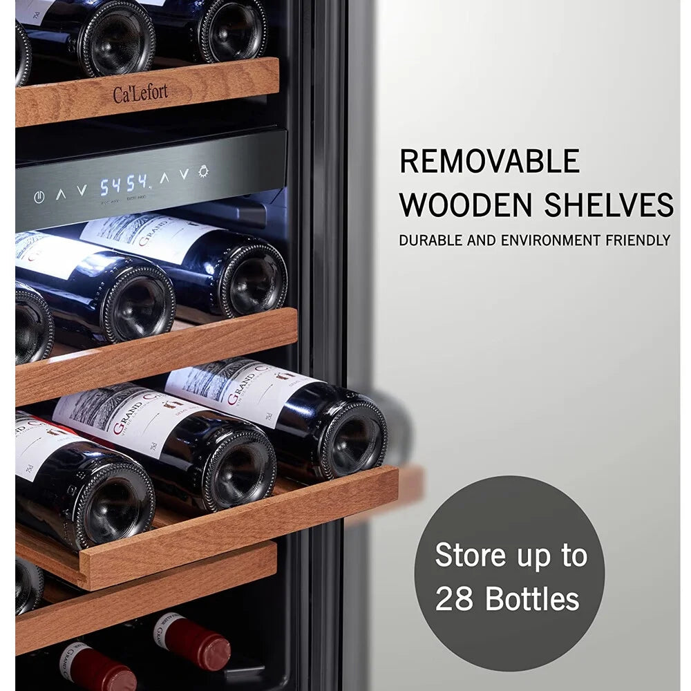 15 Inch Wine Fridge, 28 Bottle Dual Zone Wine Cooler Refrigerator with Glass Door for Home/Office, Built-In & Freestanding