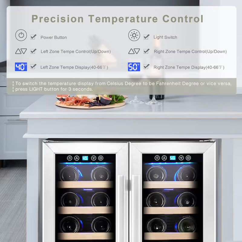 23.4-In W 40 -Bottles Black with Stainless Steel Glass Door Dual Zone Cooling Built-In/Freestanding Indoor Wine Cooler thumbnail