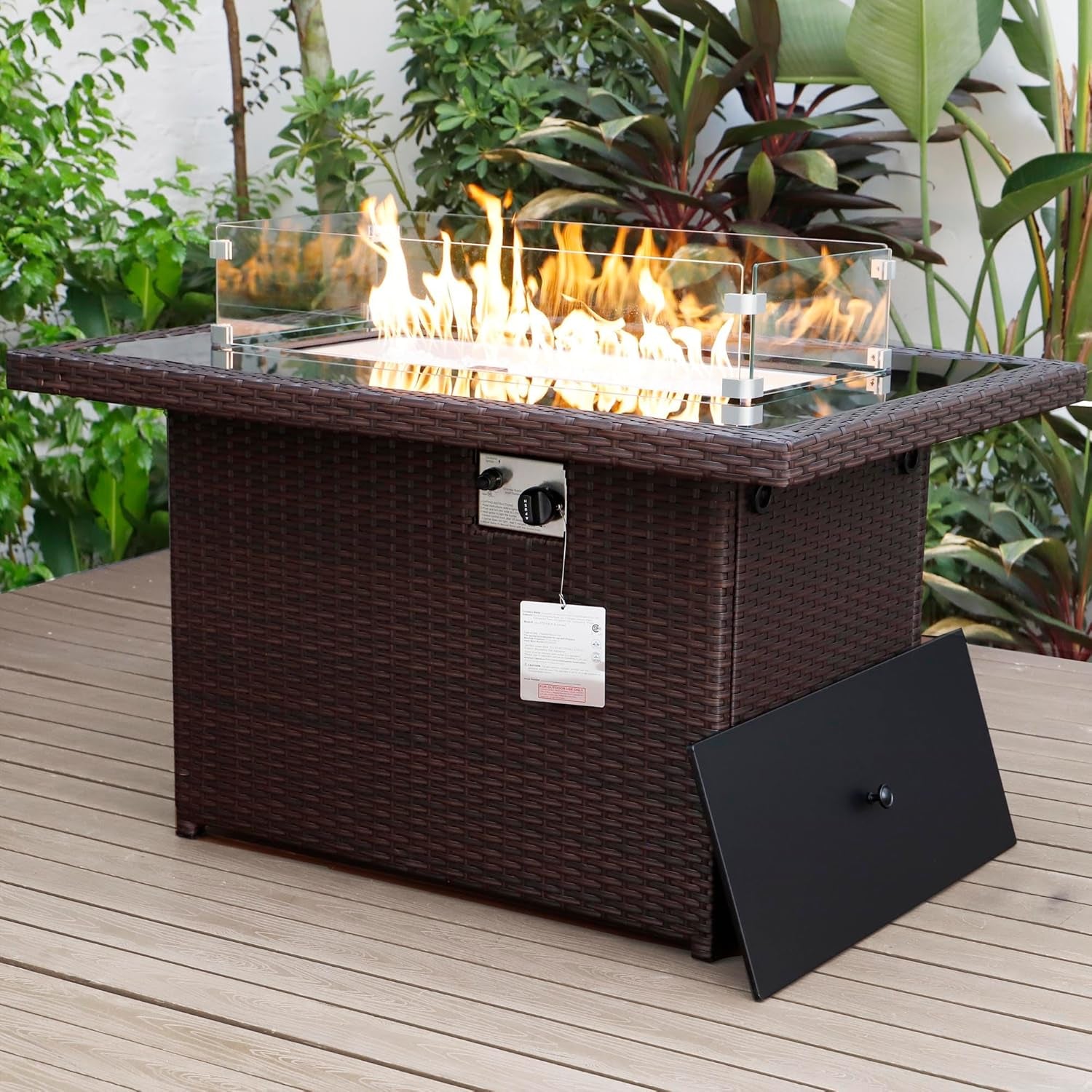 Wicker Outdoor Fire Pit Table Natural Gas/Propane, 43'' Rectangular Firepit Table for Outside, 60000 BTU Patio Fireplace Tables with Windguard&amp;Glass Rocks&amp;Cover, Modern CSA Firepits, Brown