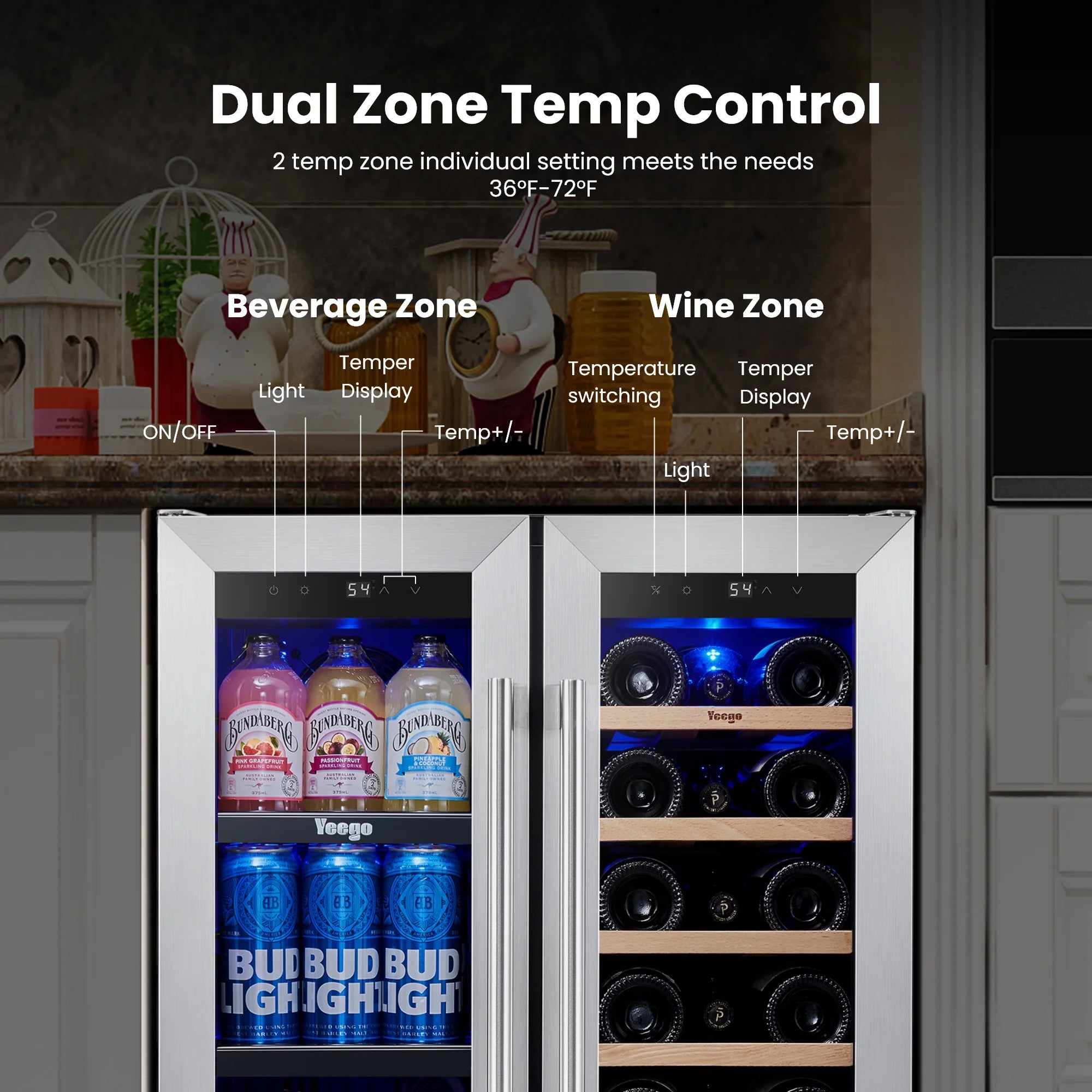 24 Inch Wine and Beverage Cooler Fridge, 20 Bottles and 60 Cans Dual Zone Refrigerator with French Door for Home/Office, 36℉~72℉, Built-In/ Freestanding thumbnail