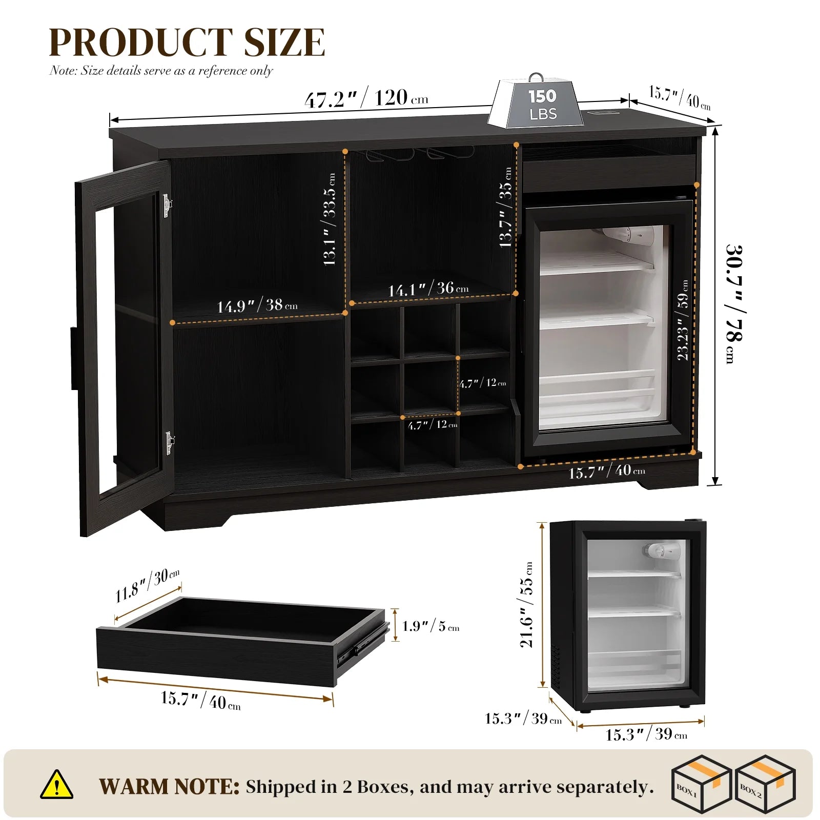 Wine Bar Cabinet with LED Lights &amp; Fridge(Lncluded), Mini Fridge Cabinet with Wine Storage, Human Body Sensor, Sideboard Buffet for Kitchen Dining Room, Black