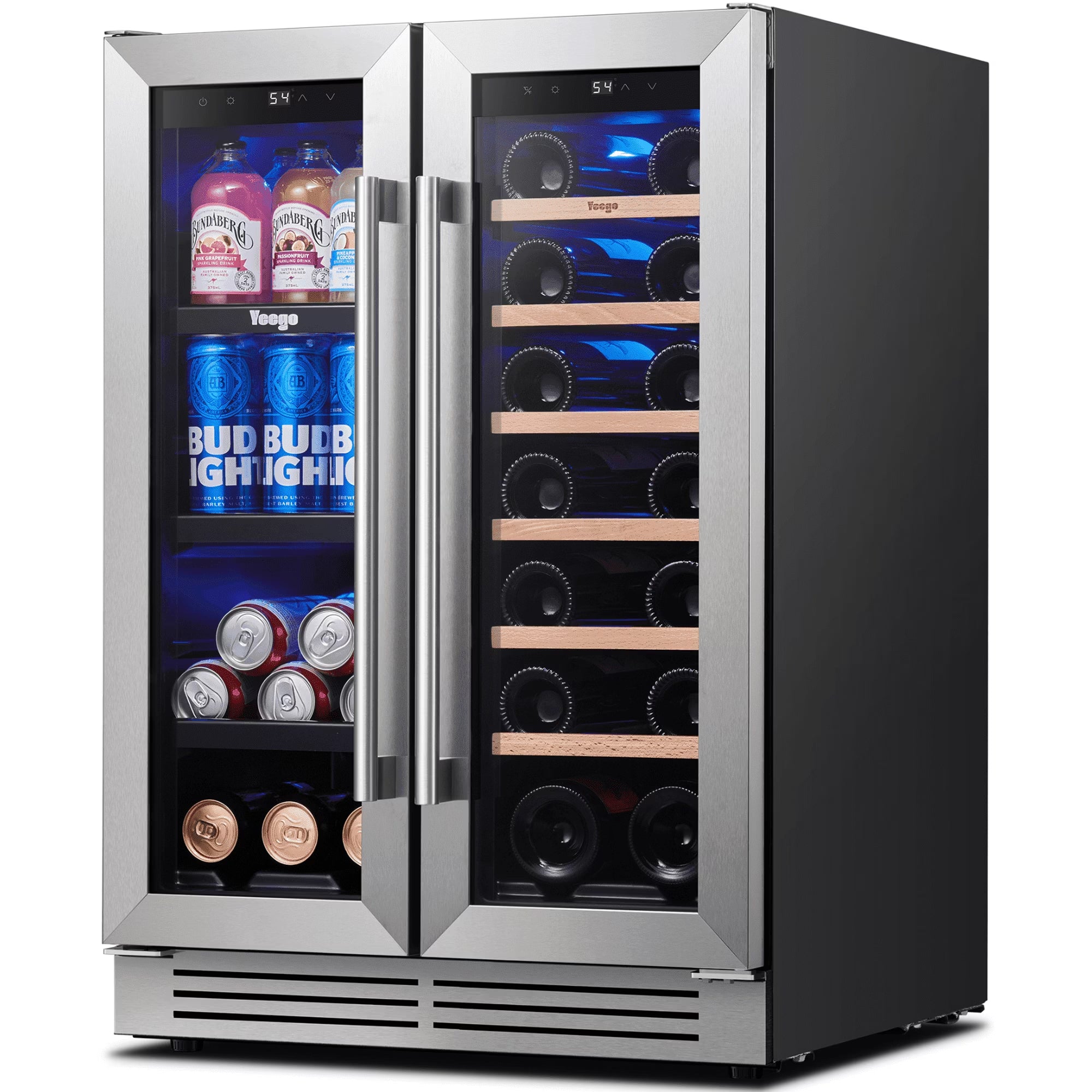 24 Inch Wine and Beverage Cooler Fridge, 20 Bottles and 60 Cans Dual Zone Refrigerator with French Door for Home/Office, 36℉~72℉, Built-In/ Freestanding