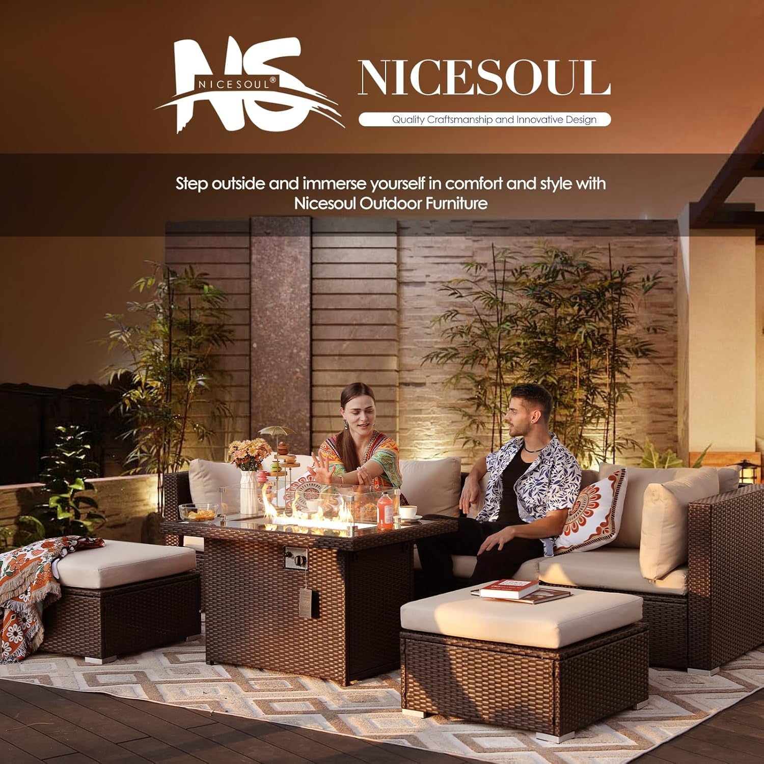 Wicker Outdoor Fire Pit Table Natural Gas/Propane, 43'' Rectangular Firepit Table for Outside, 60000 BTU Patio Fireplace Tables with Windguard&Glass Rocks&Cover, Modern CSA Firepits, Brown