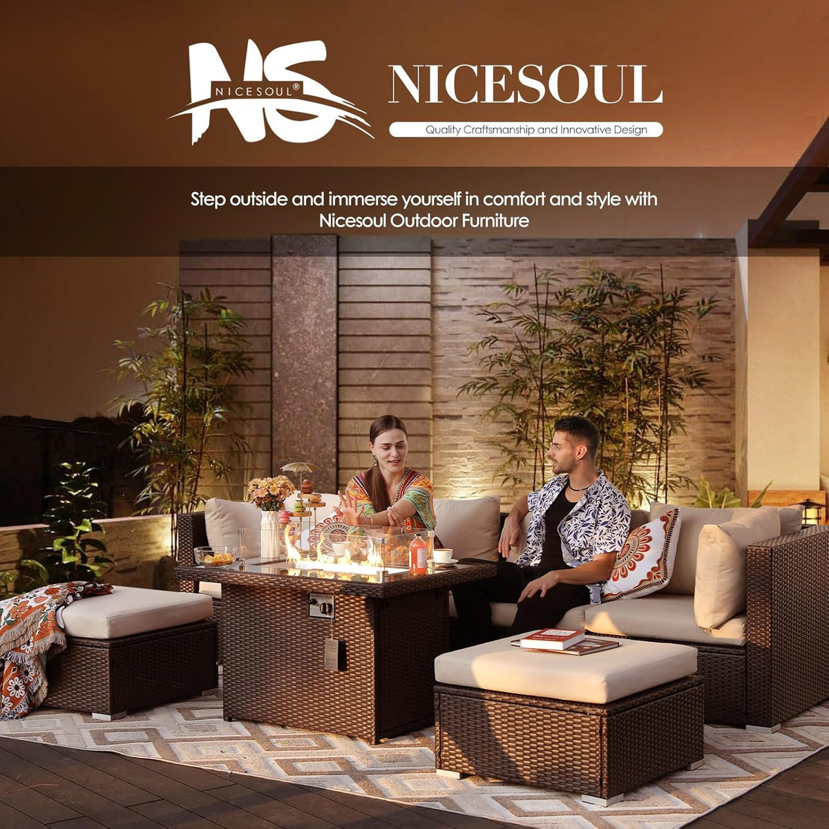Wicker Outdoor Fire Pit Table Natural Gas/Propane, 43'' Rectangular Firepit Table for Outside, 60000 BTU Patio Fireplace Tables with Windguard&amp;Glass Rocks&amp;Cover, Modern CSA Firepits, Brown thumbnail
