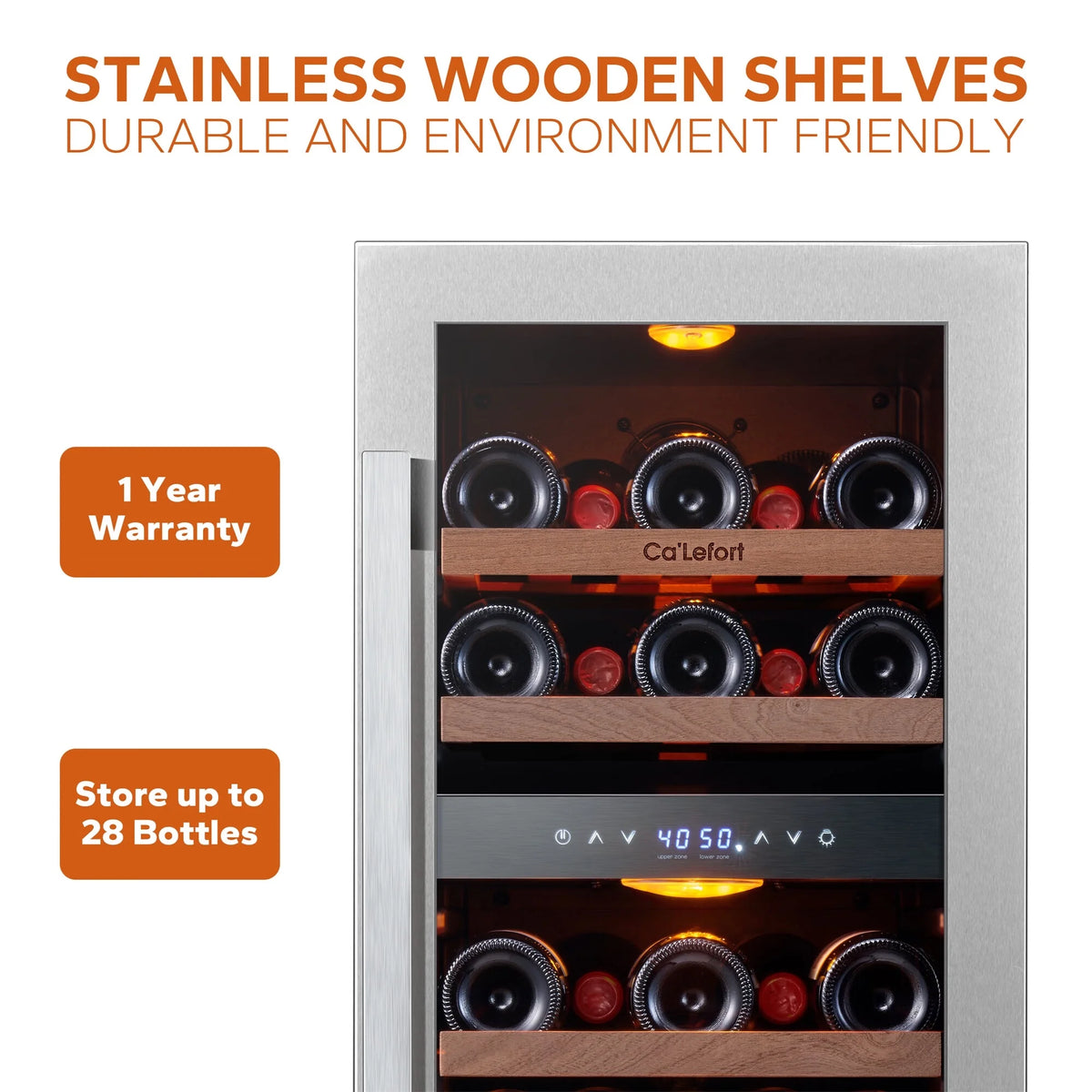 15 Inch Wine Fridge, 28 Bottle Dual Zone Wine Cooler Refrigerator with Glass Door for Home/Office, Built-In &amp; Freestanding thumbnail
