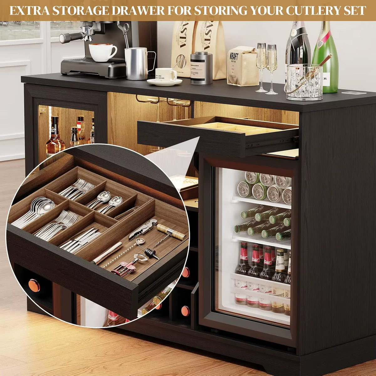 Wine Bar Cabinet with Fridge, LED Lights, Human Body Sensor, Black thumbnail