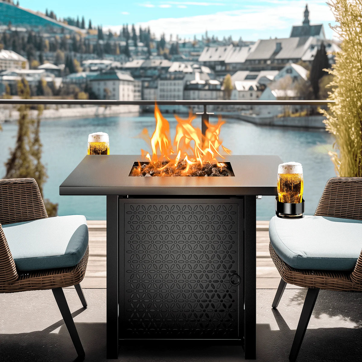 32" Gas Fire Pits with Cup Holders for Outside, 50,000 BTU Propane Fire Pit Table with Lid and Lava Rock, Black thumbnail