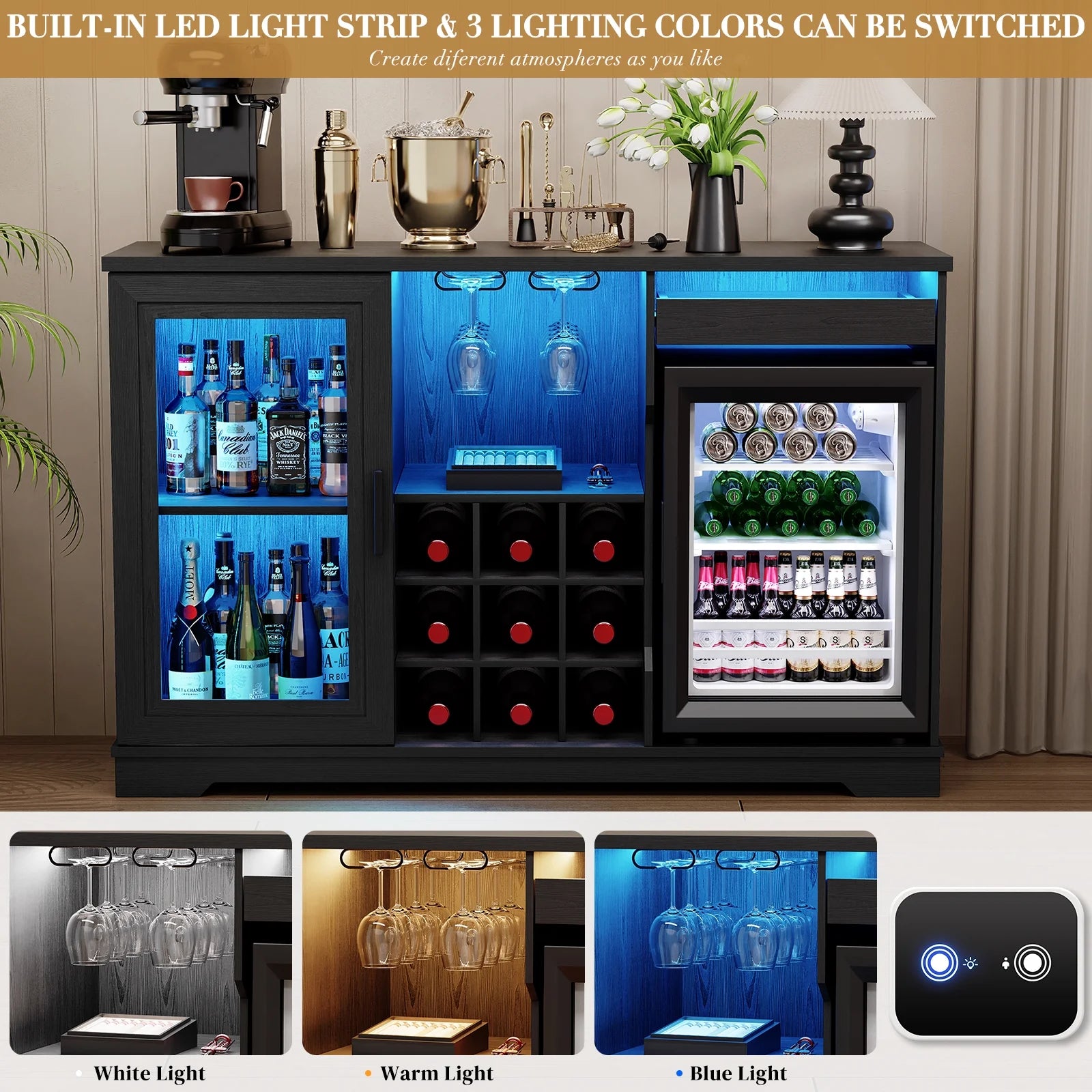 Wine Bar Cabinet with LED Lights & Fridge(Lncluded), Mini Fridge Cabinet with Wine Storage, Human Body Sensor, Sideboard Buffet for Kitchen Dining Room, Black