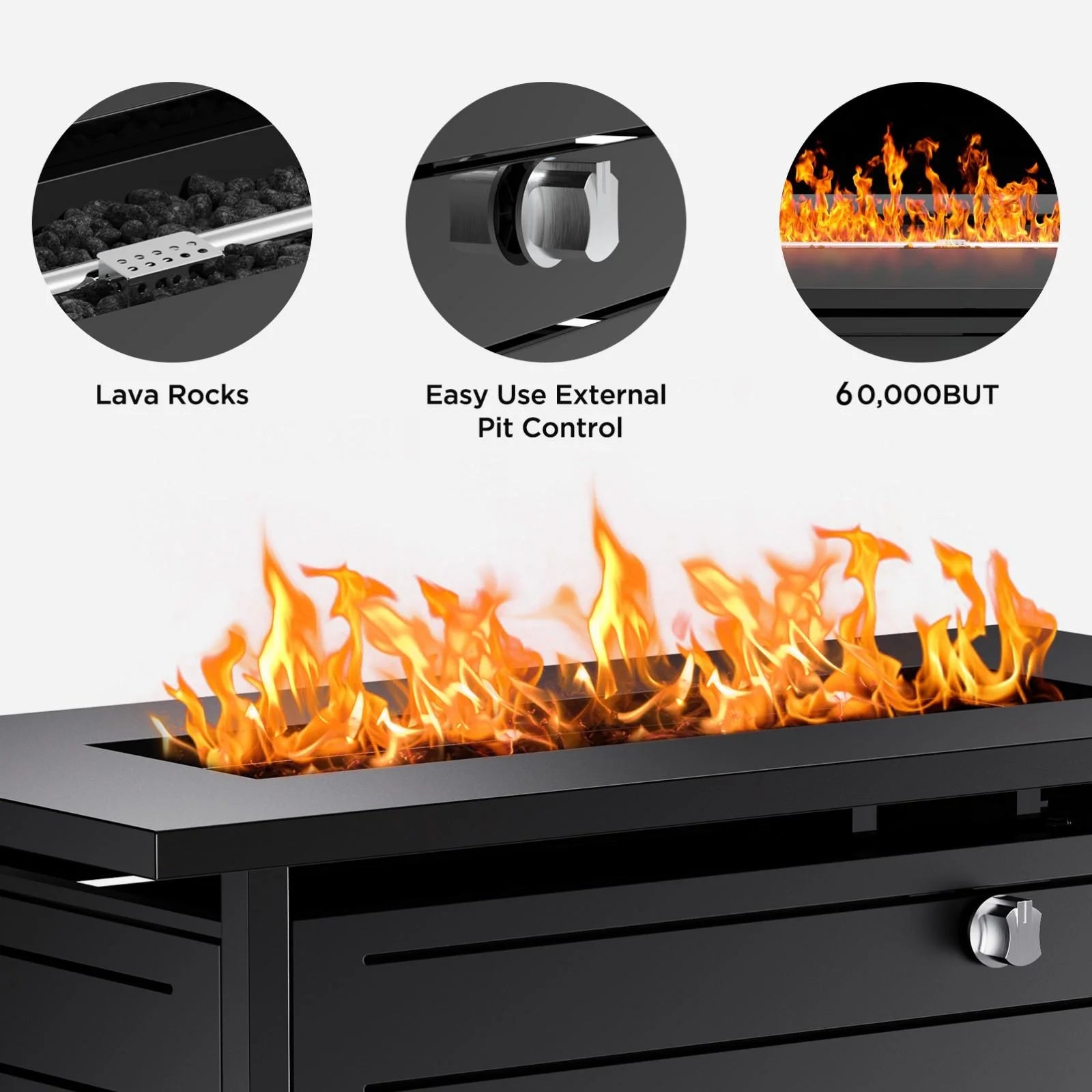 42" Rectangular Gas Fire Pit Table, 60,000 BTU Propane Fire Pits for outside with Lid and Lava Rock
