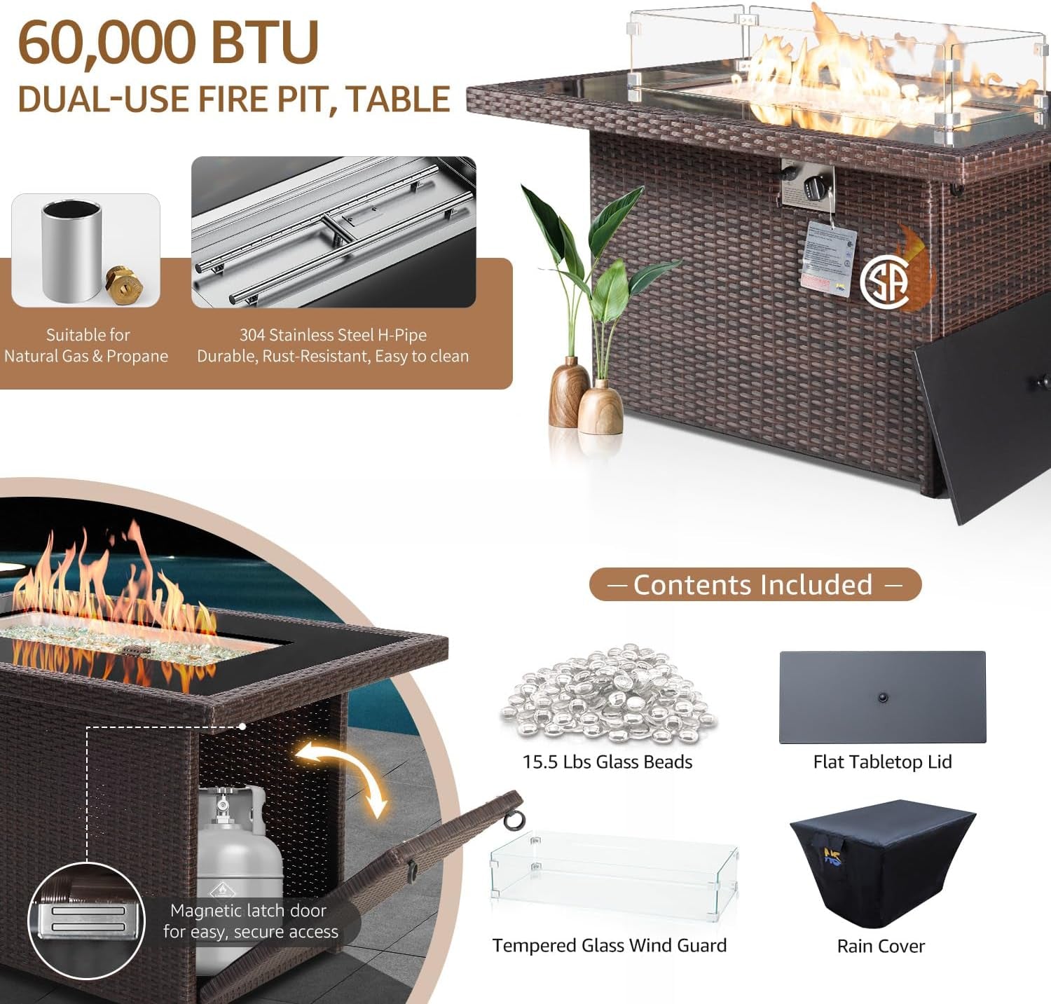 Wicker Outdoor Fire Pit Table Natural Gas/Propane, 43'' Rectangular Firepit Table for Outside, 60000 BTU Patio Fireplace Tables with Windguard&Glass Rocks&Cover, Modern CSA Firepits, Brown