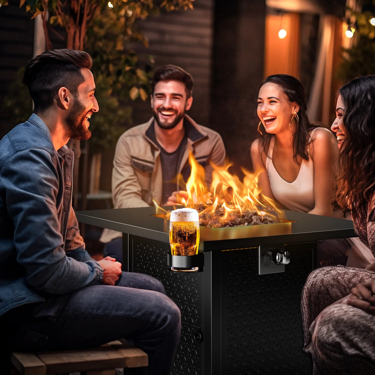 32" Gas Fire Pits with Cup Holders for Outside, 50,000 BTU Propane Fire Pit Table with Lid and Lava Rock, Black thumbnail