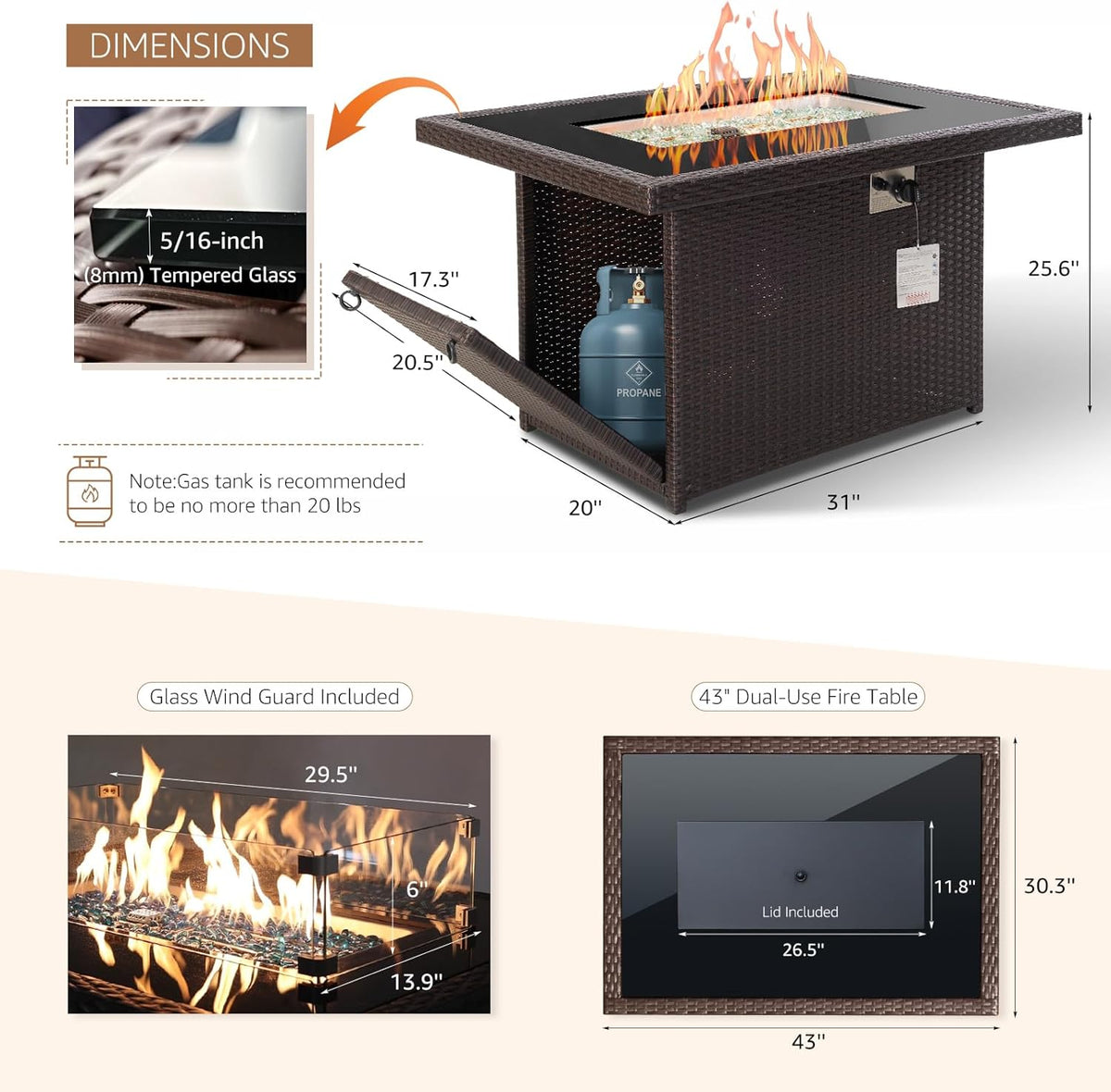 Wicker Outdoor Fire Pit Table Natural Gas/Propane, 43'' Rectangular Firepit Table for Outside, 60000 BTU Patio Fireplace Tables with Windguard&amp;Glass Rocks&amp;Cover, Modern CSA Firepits, Brown thumbnail