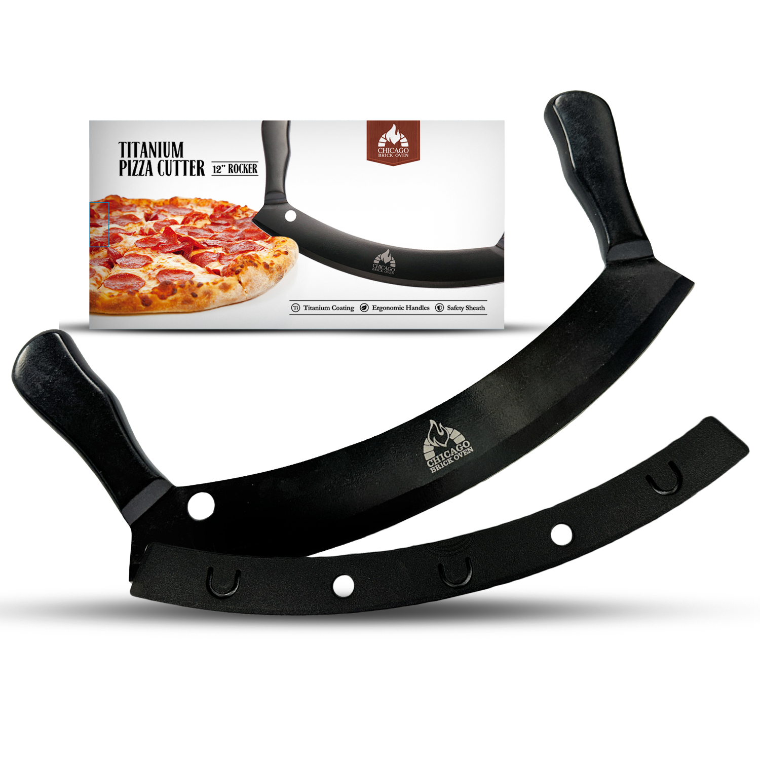 12-Inch Heavy-Duty Pizza Cutter Rocker Blade – Stainless Steel Mezzaluna Knife with Titanium Coating – Professional Pizza Cutter w/ Protective Cover