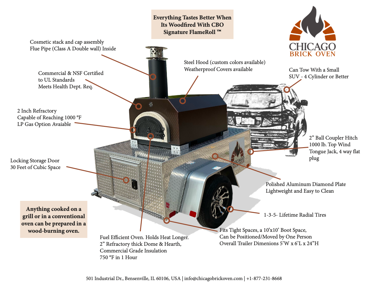 CBO 750 Tailgater | Wood Fired Pizza Oven Trailer | 38" X 28" cooking surface | 2-3 - 10" pizzas at a time | 50-60 pizzas an hour
