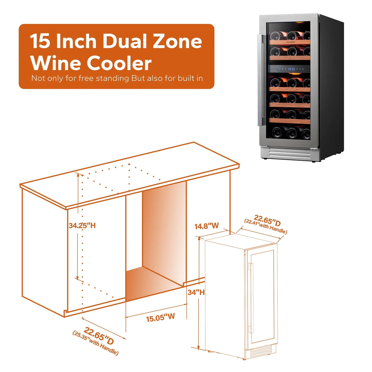15 Inch Wine Fridge, 28 Bottle Dual Zone Wine Cooler Refrigerator with Glass Door for Home/Office, Built-In &amp; Freestanding thumbnail