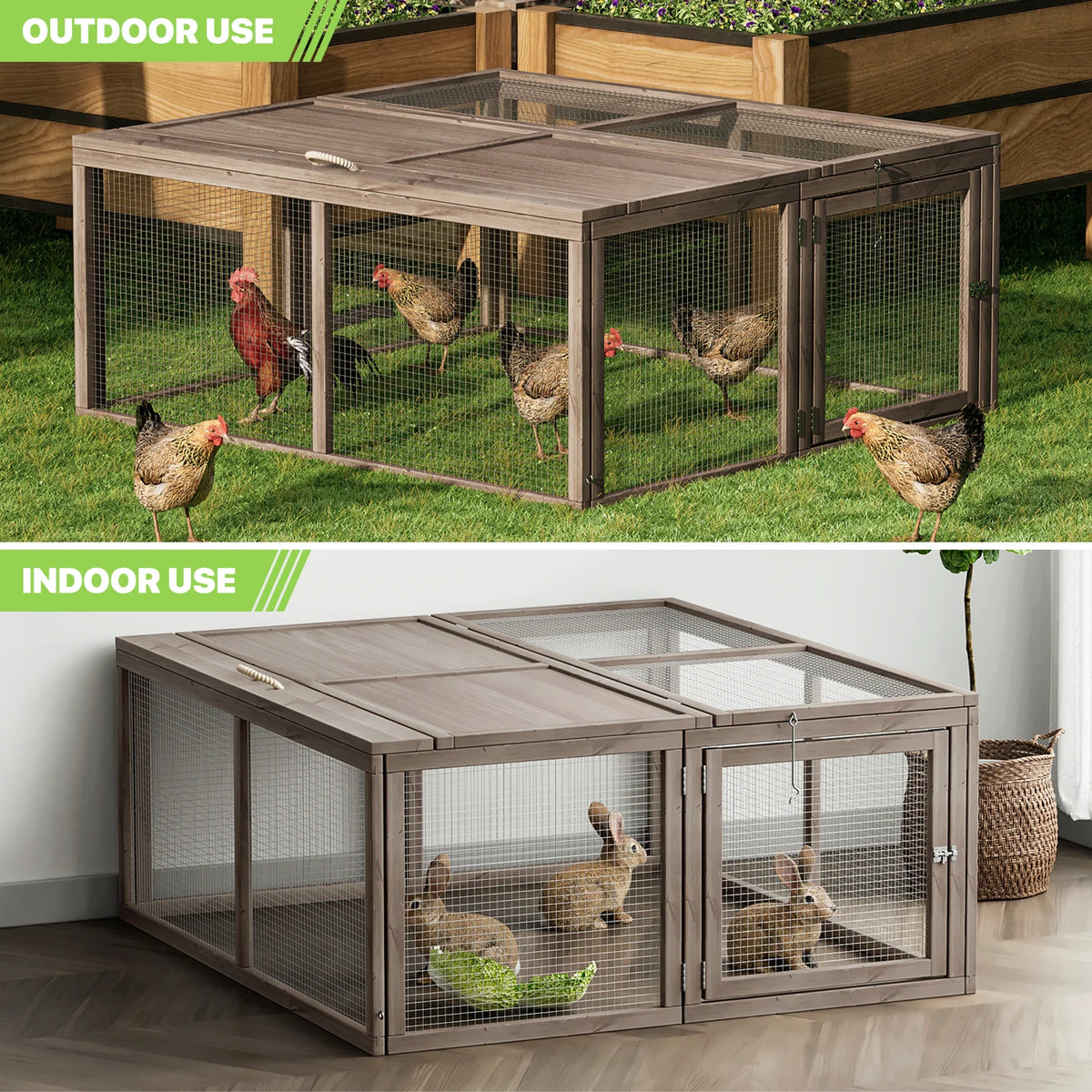 Chicken Coop Rabbit Hutch, 45.5" Wooden Chicken Run Hen House Duck Coop, Small Animal Poultry Cage Outdoor with Openable Roof and Side Door (Grey) thumbnail