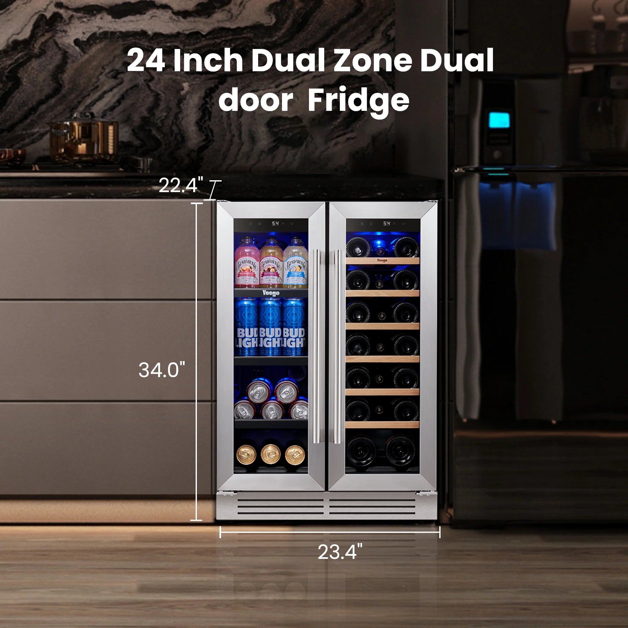 24 Inch Wine and Beverage Cooler Fridge, 20 Bottles and 60 Cans Dual Zone Refrigerator with French Door for Home/Office, 36℉~72℉, Built-In/ Freestanding