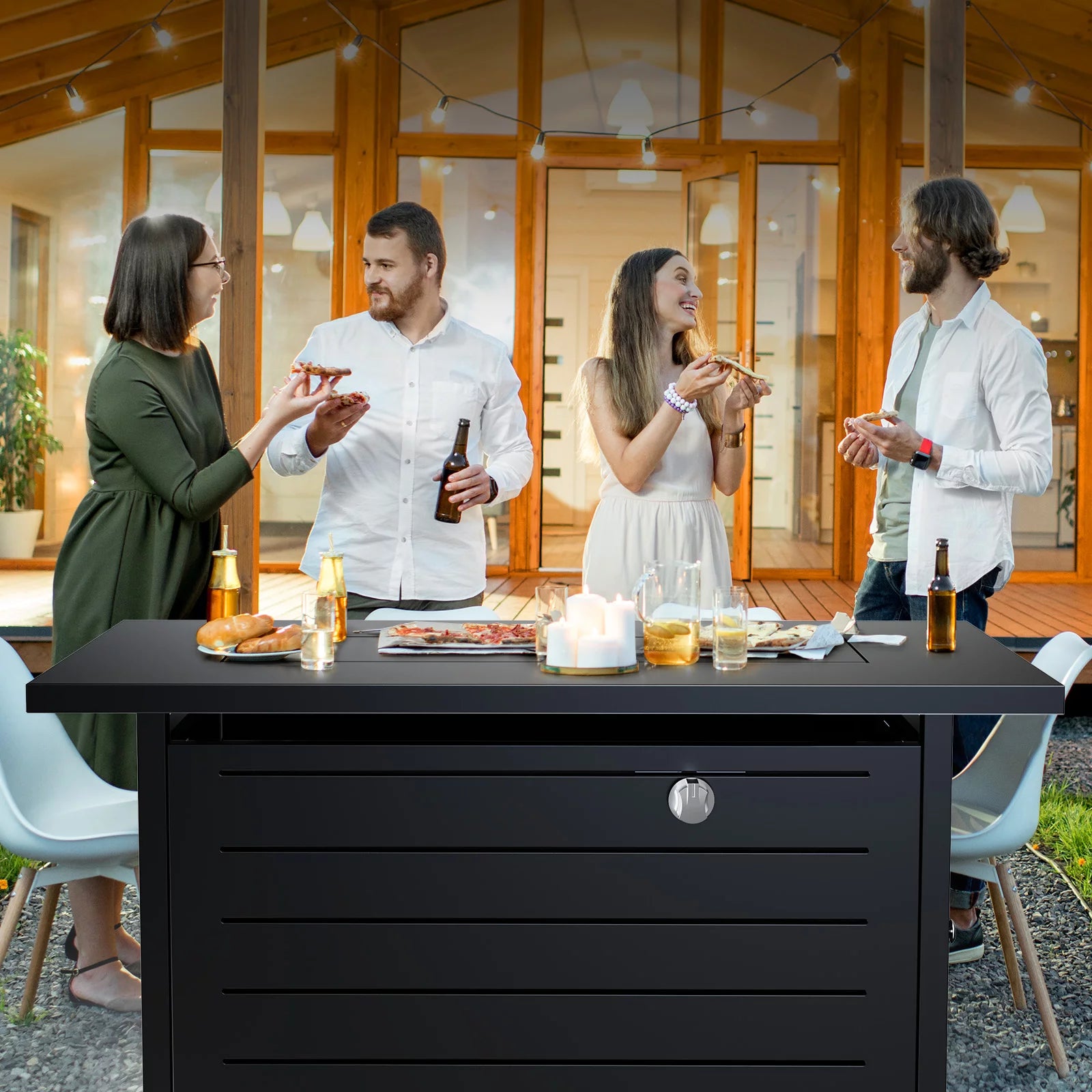 42" Rectangular Gas Fire Pit Table, 60,000 BTU Propane Fire Pits for outside with Lid and Lava Rock