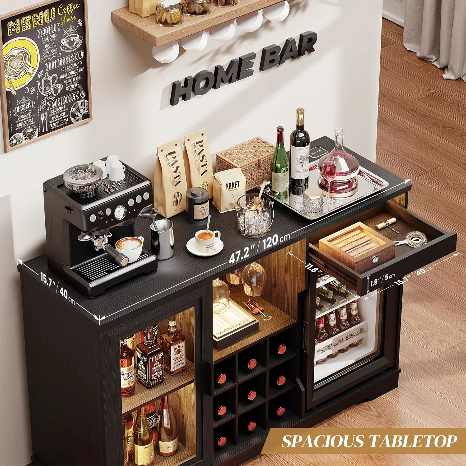 Wine Bar Cabinet with Fridge, LED Lights, Human Body Sensor, Black