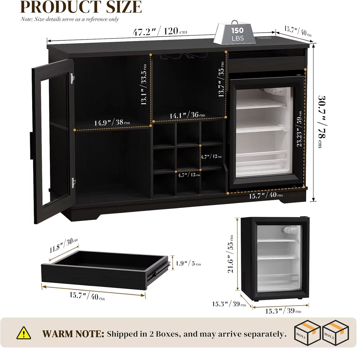 Wine Bar Cabinet with Fridge, LED Lights, Human Body Sensor, Black thumbnail