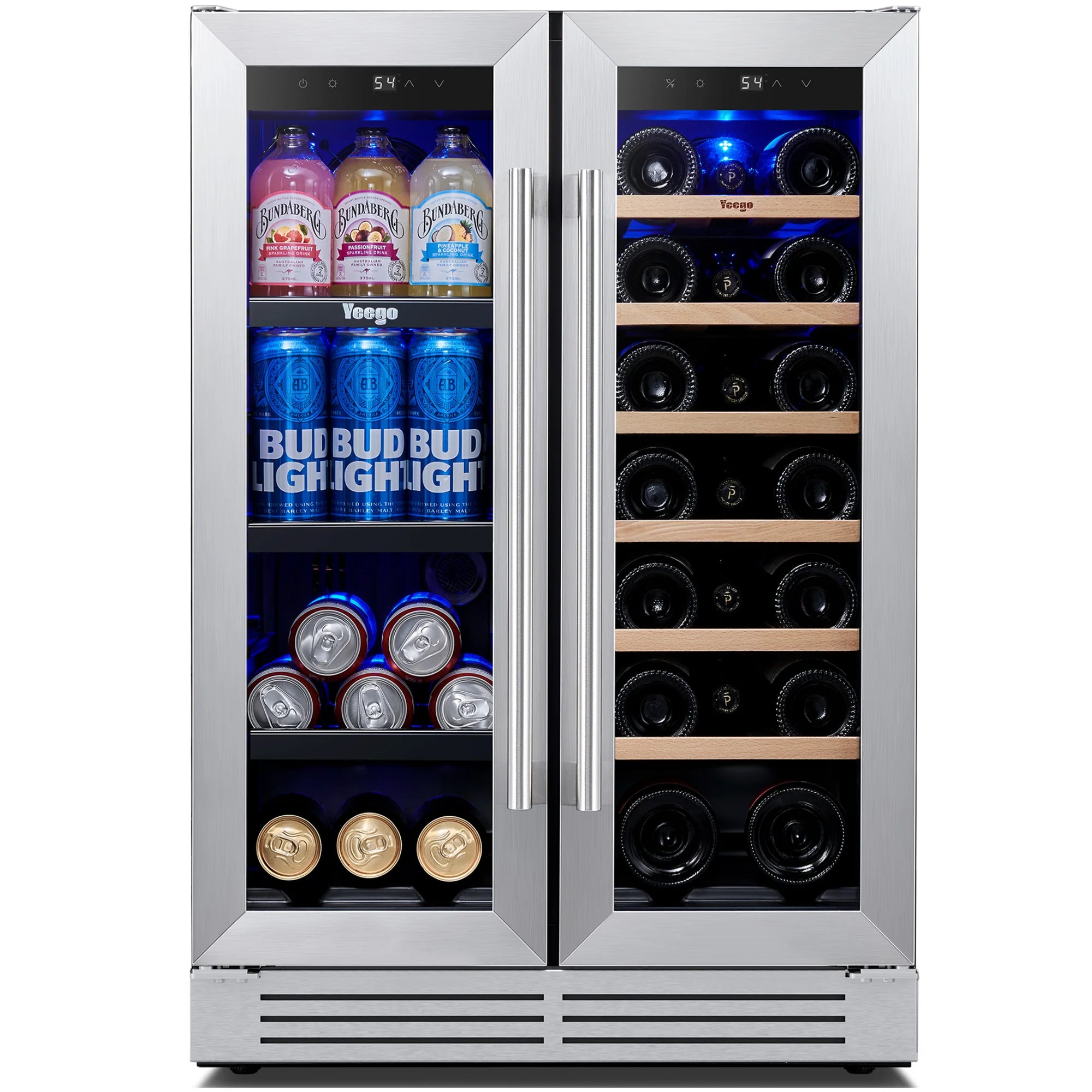 24 Inch Wine and Beverage Cooler Fridge, 20 Bottles and 60 Cans Dual Zone Refrigerator with French Door for Home/Office, 36℉~72℉, Built-In/ Freestanding thumbnail