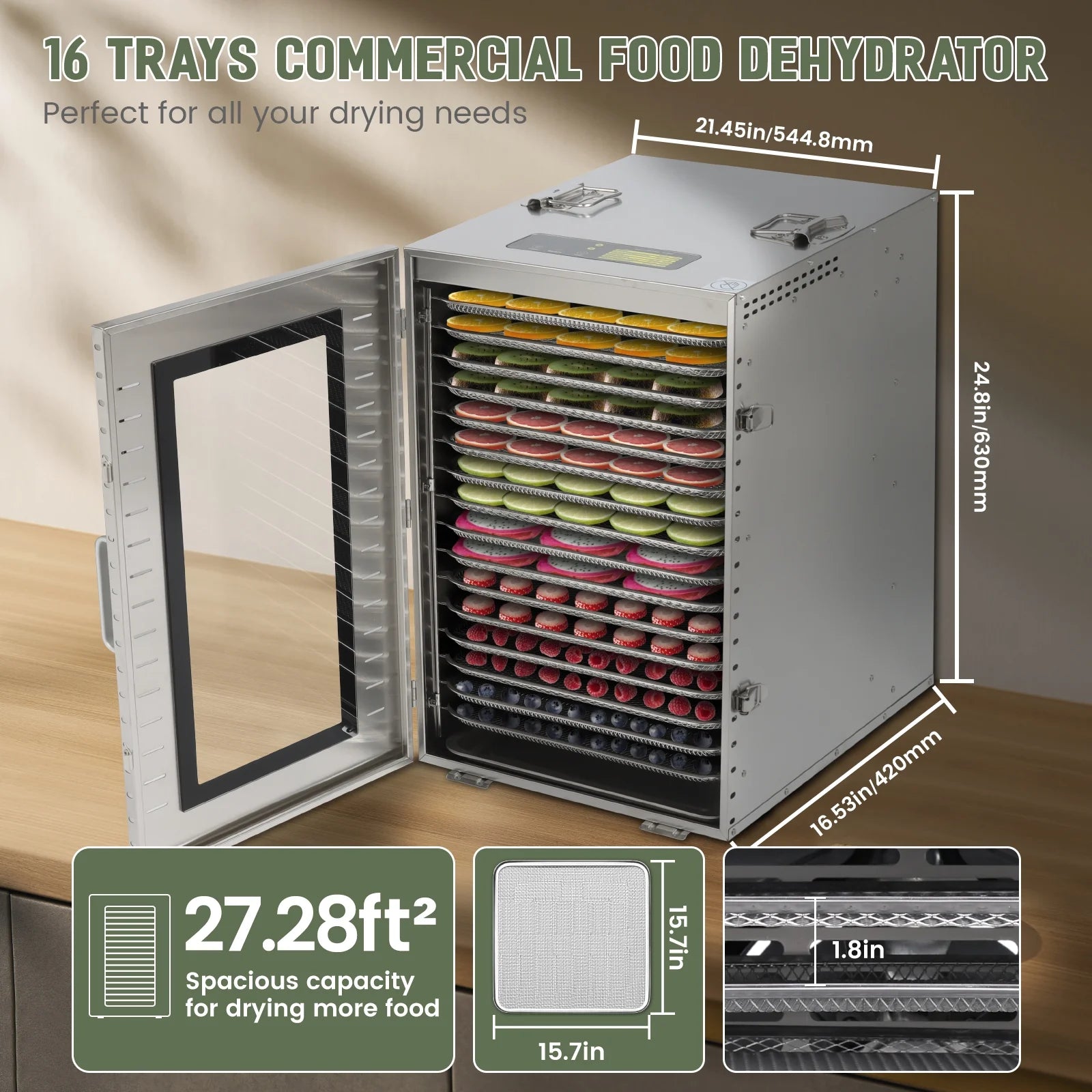 Large in-Home or Commercial Food-Dehydrator Machine 16 Trays, 70ºf-190ºf 120 V 1500W Meat or Fruit Dryer thumbnail